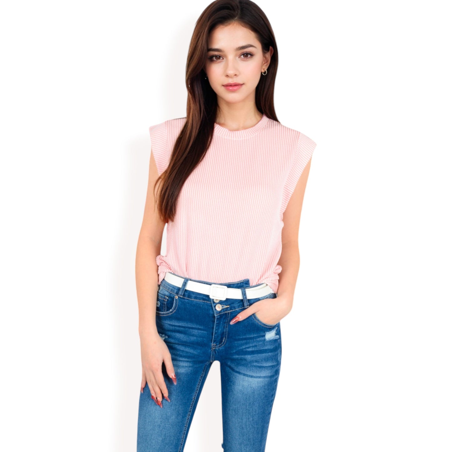 Anna-Kaci Women's Ribbed Knit Sleeveless Top with Shoulder Detail