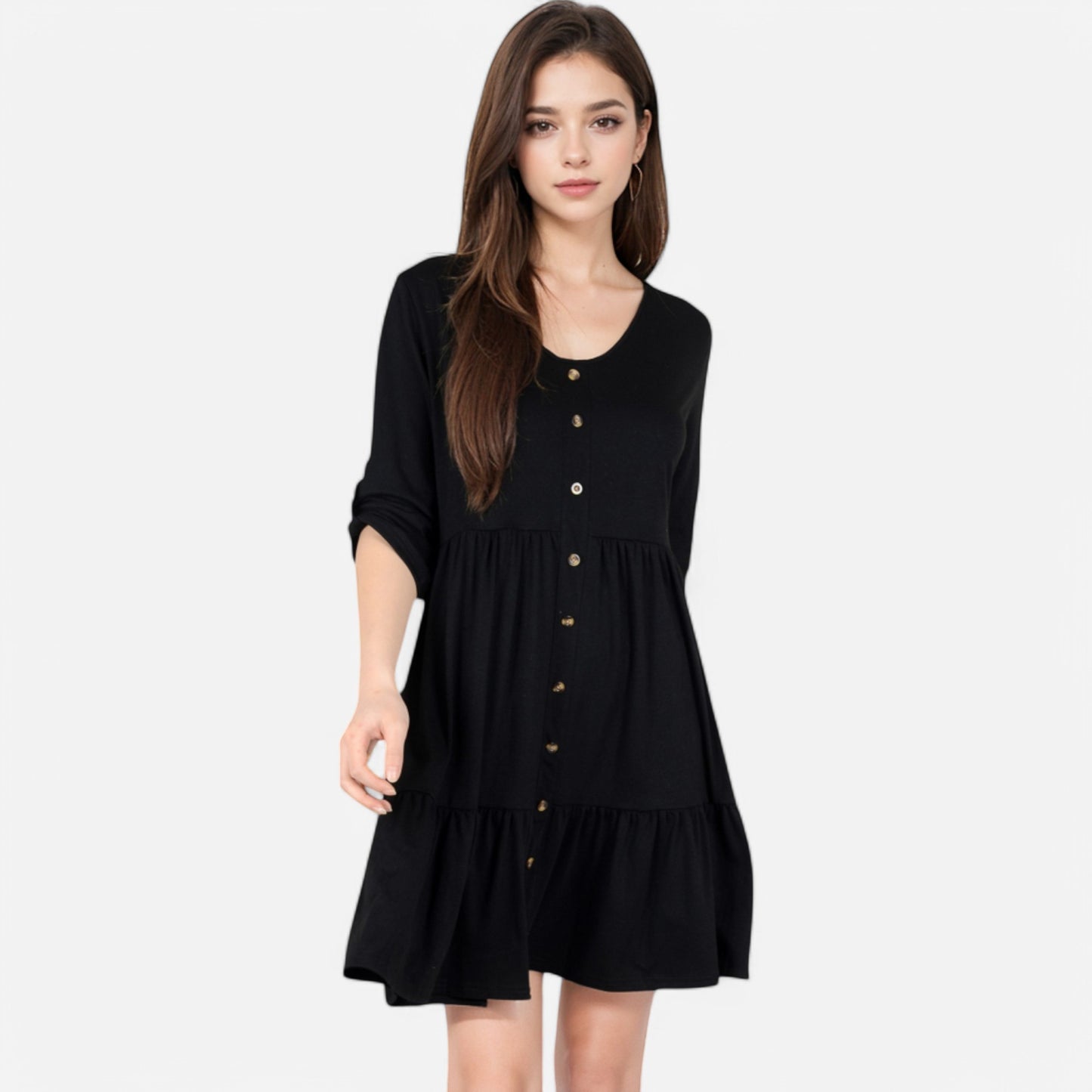 Anna-Kaci Women's V-Neck Button-Front Babydoll Dress with 3/4 Sleeves and Tiered Ruffle Hem