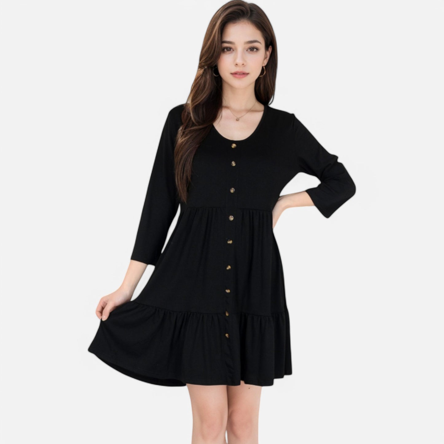 Anna-Kaci Women's V-Neck Button-Front Babydoll Dress with 3/4 Sleeves and Tiered Ruffle Hem