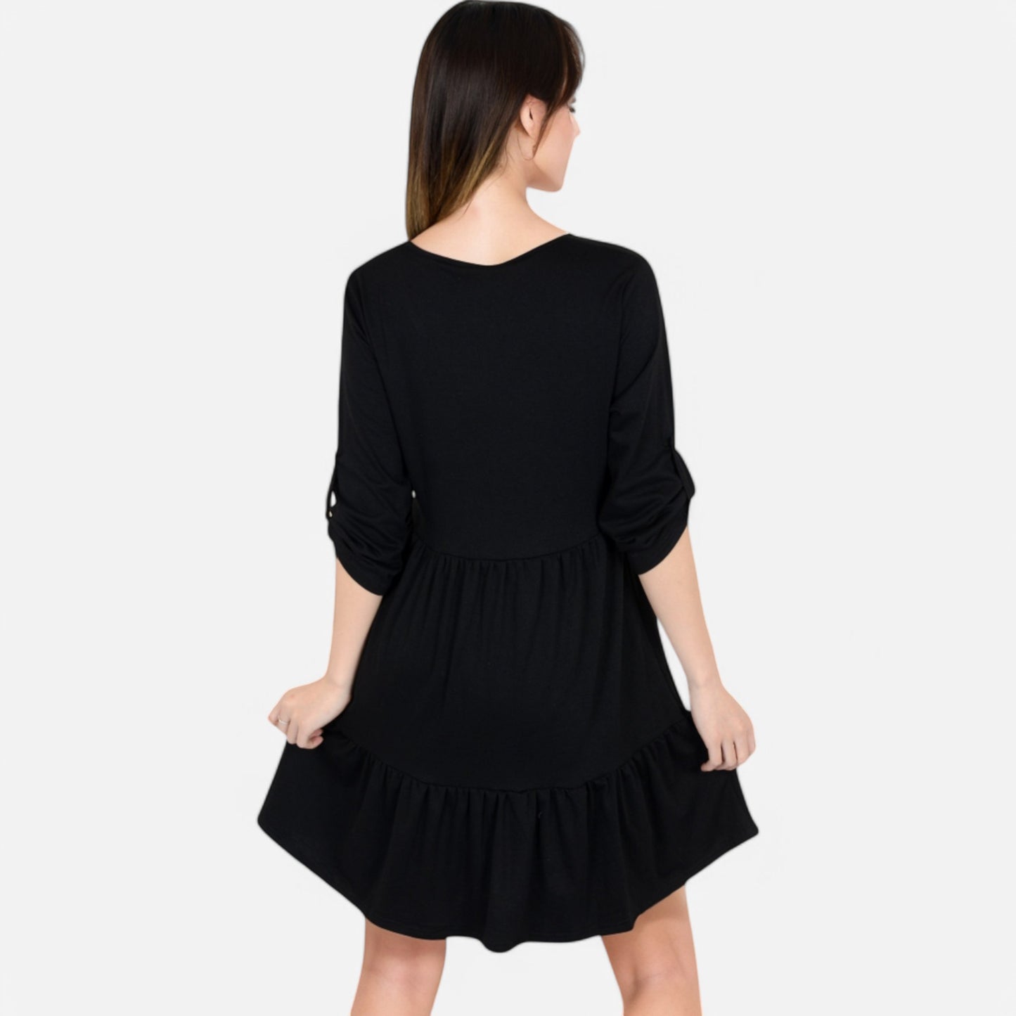 Anna-Kaci Women's V-Neck Button-Front Babydoll Dress with 3/4 Sleeves and Tiered Ruffle Hem