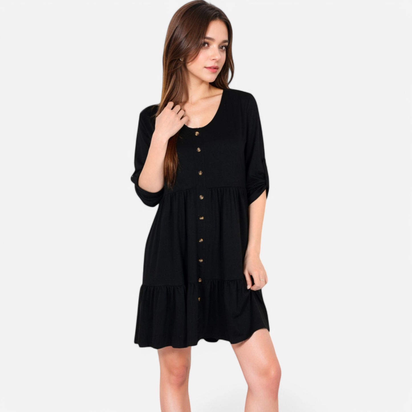 Anna-Kaci Women's V-Neck Button-Front Babydoll Dress with 3/4 Sleeves and Tiered Ruffle Hem
