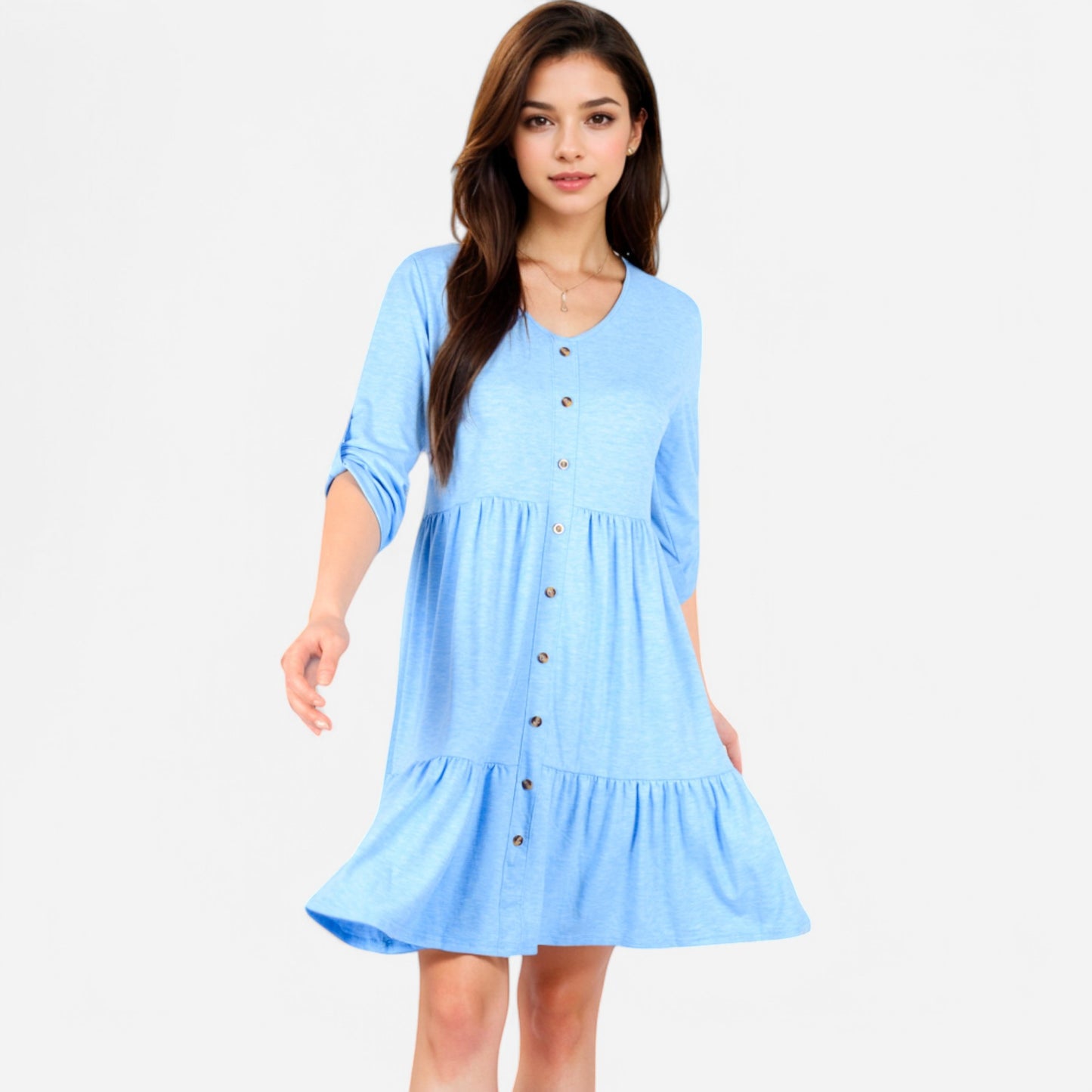 Anna-Kaci Women's V-Neck Button-Front Babydoll Dress with 3/4 Sleeves and Tiered Ruffle Hem