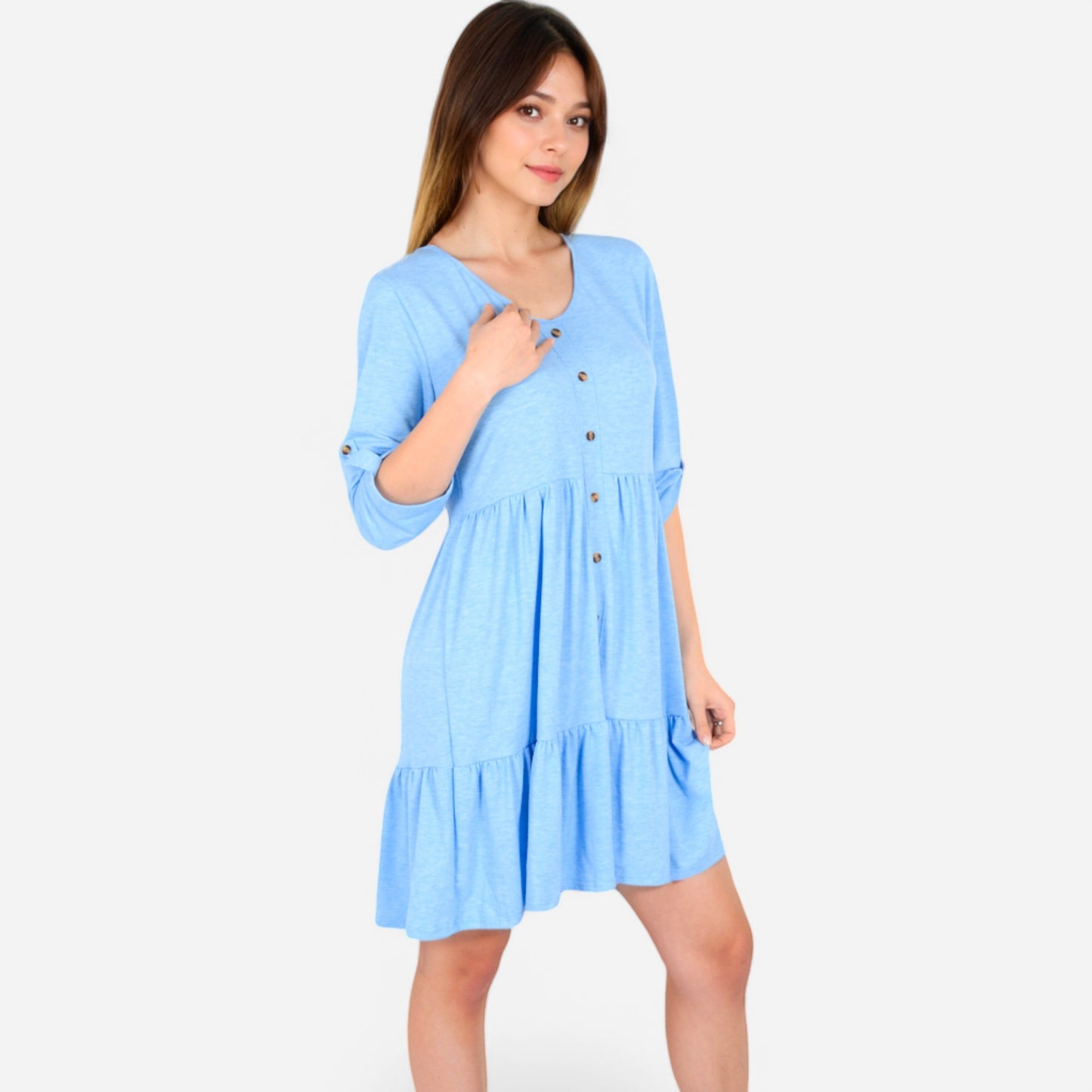 Anna-Kaci Women's V-Neck Button-Front Babydoll Dress with 3/4 Sleeves and Tiered Ruffle Hem