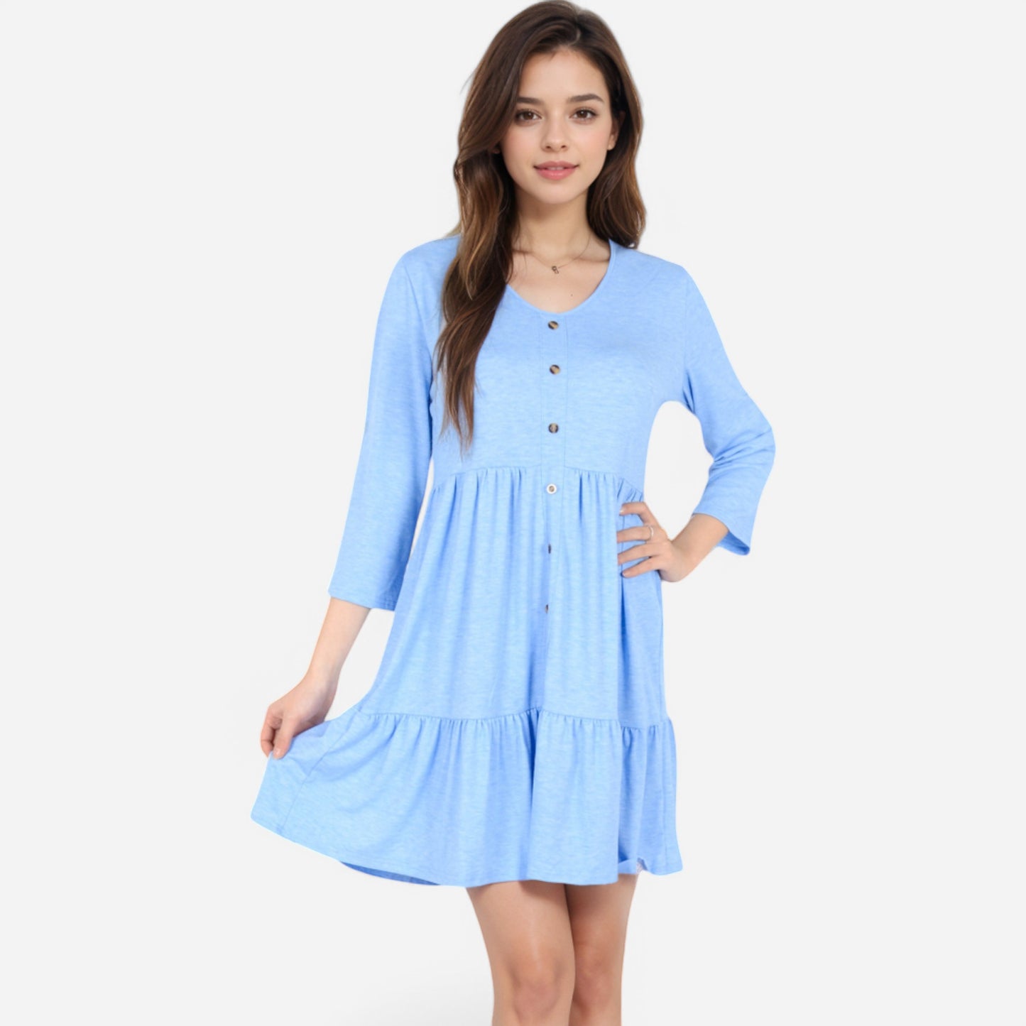 Anna-Kaci Women's V-Neck Button-Front Babydoll Dress with 3/4 Sleeves and Tiered Ruffle Hem