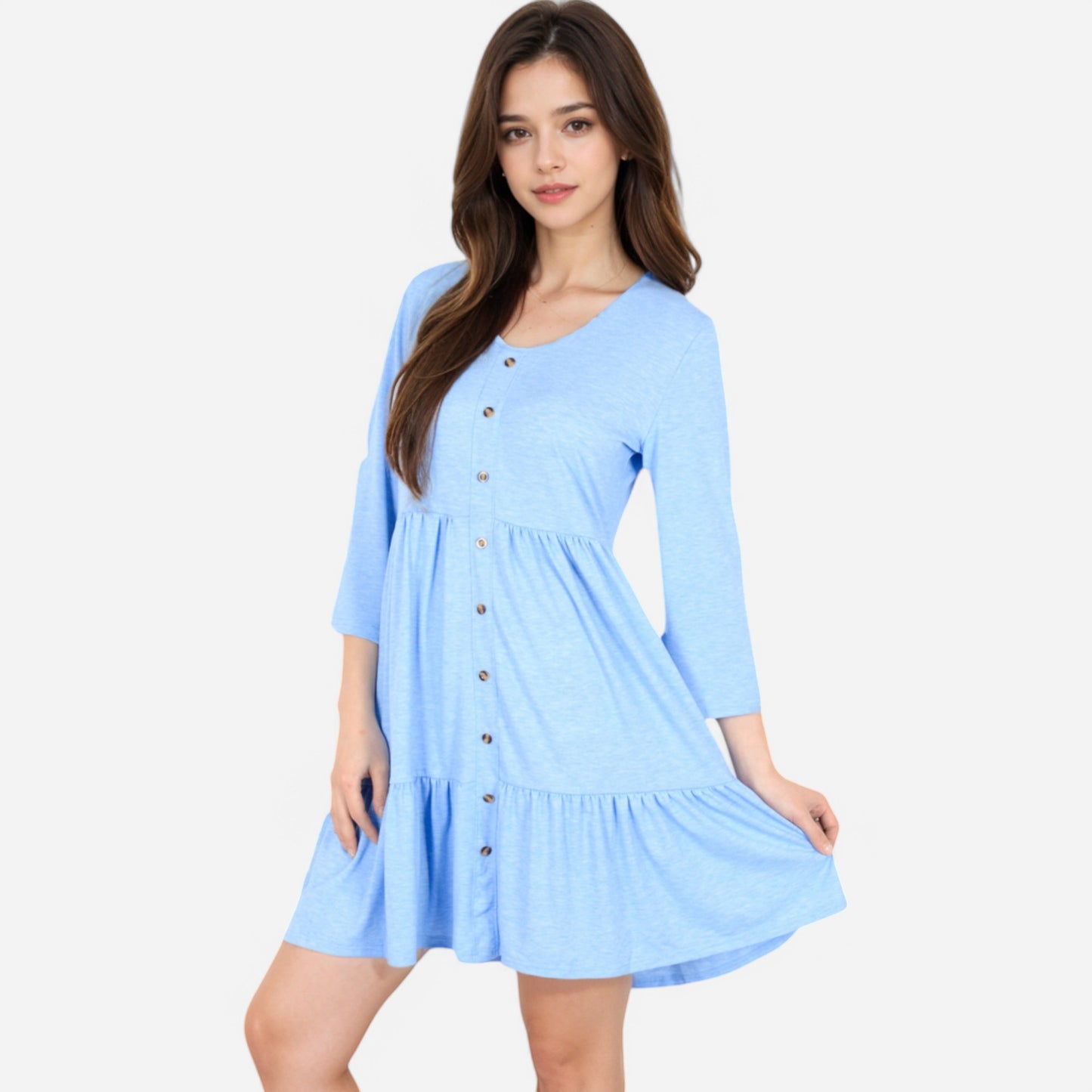 Anna-Kaci Women's V-Neck Button-Front Babydoll Dress with 3/4 Sleeves and Tiered Ruffle Hem