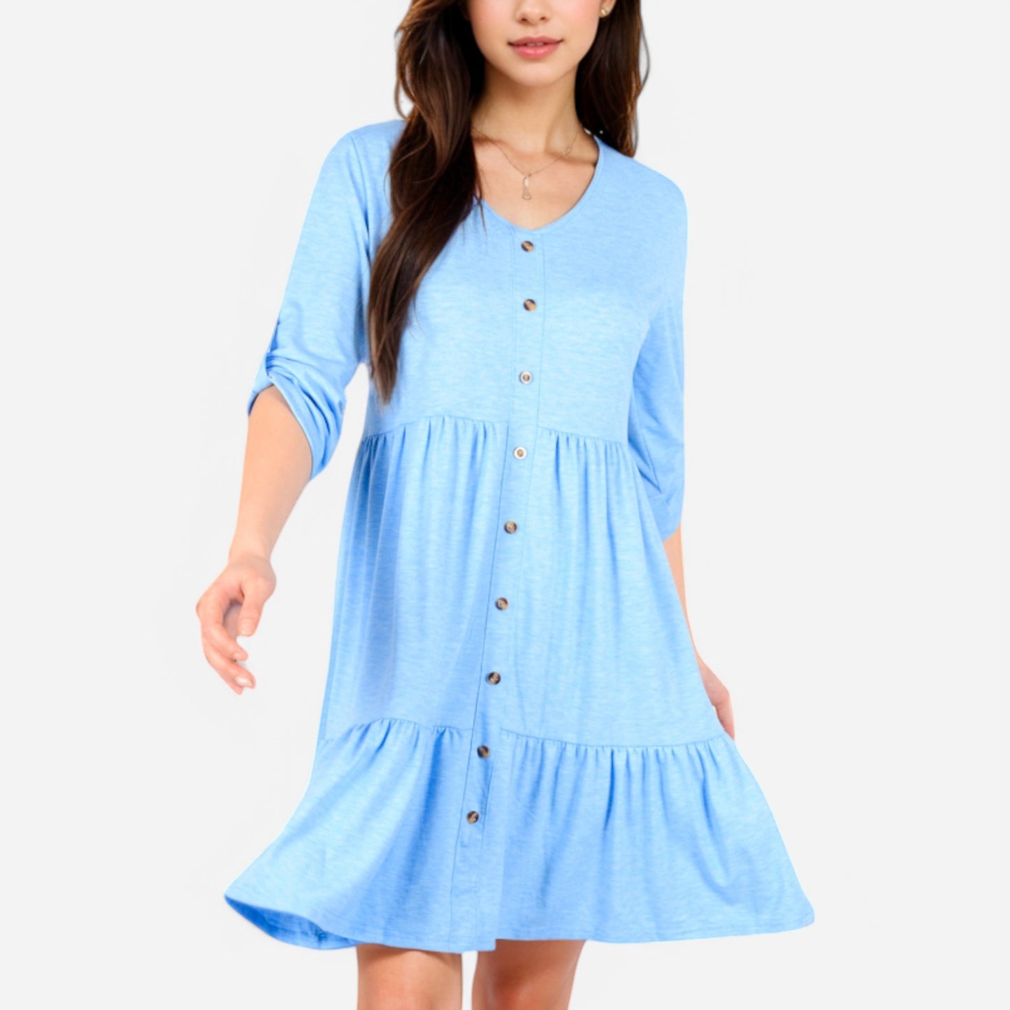 Anna-Kaci Women's V-Neck Button-Front Babydoll Dress with 3/4 Sleeves and Tiered Ruffle Hem