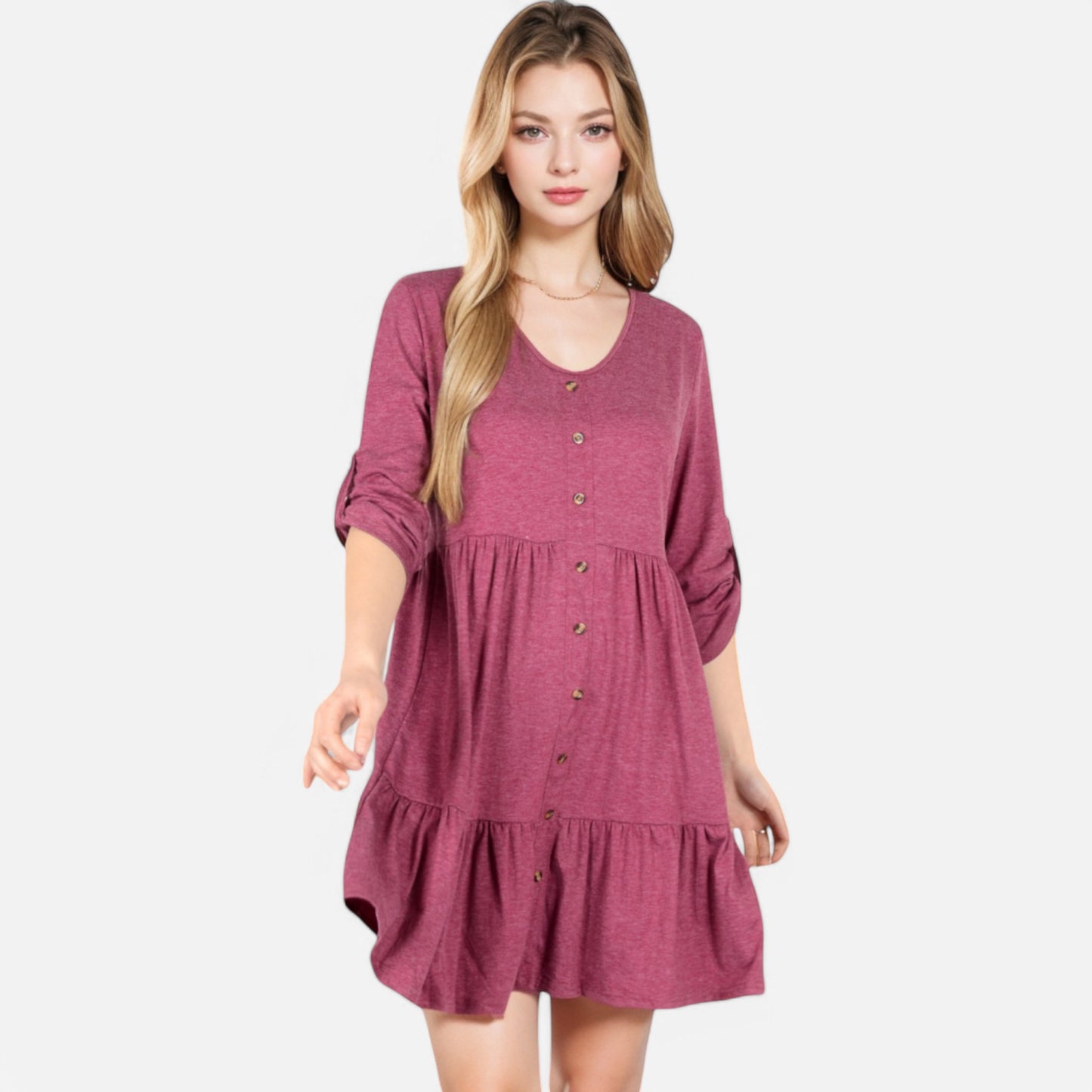 Anna-Kaci Women's V-Neck Button-Front Babydoll Dress with 3/4 Sleeves and Tiered Ruffle Hem