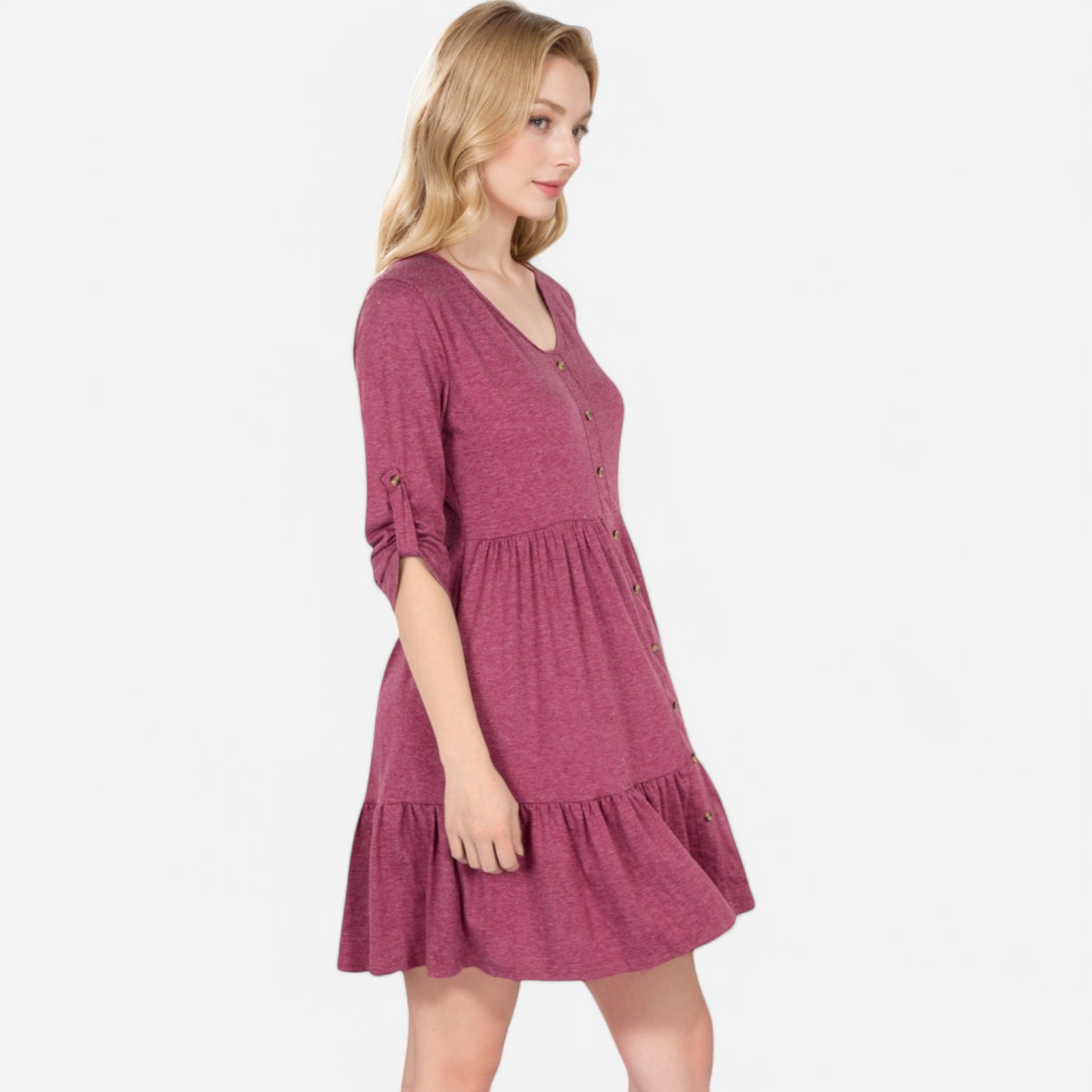 Anna-Kaci Women's V-Neck Button-Front Babydoll Dress with 3/4 Sleeves and Tiered Ruffle Hem