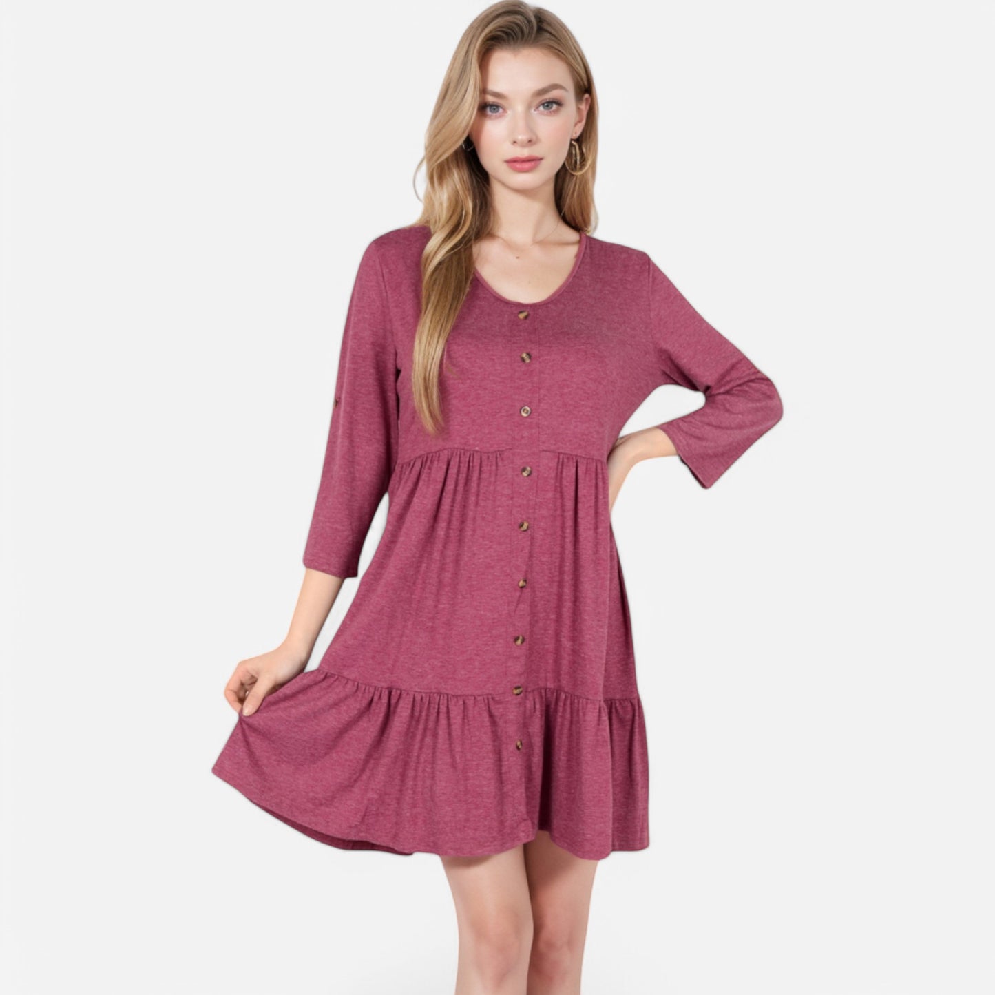 Anna-Kaci Women's V-Neck Button-Front Babydoll Dress with 3/4 Sleeves and Tiered Ruffle Hem