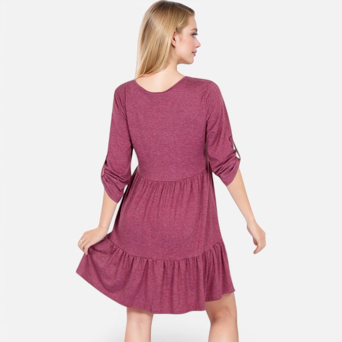 Anna-Kaci Women's V-Neck Button-Front Babydoll Dress with 3/4 Sleeves and Tiered Ruffle Hem