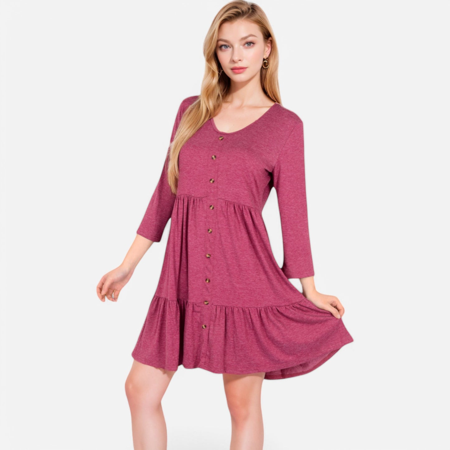 Anna-Kaci Women's V-Neck Button-Front Babydoll Dress with 3/4 Sleeves and Tiered Ruffle Hem