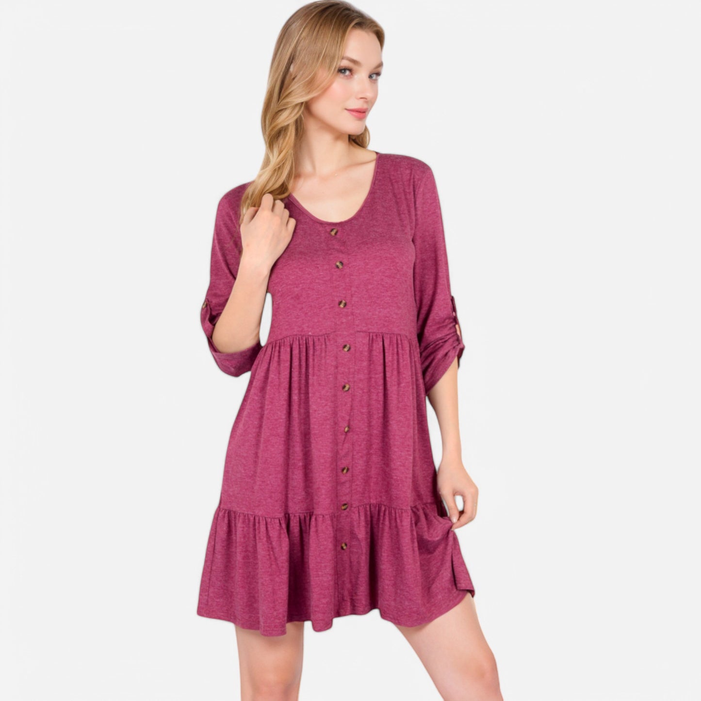 Anna-Kaci Women's V-Neck Button-Front Babydoll Dress with 3/4 Sleeves and Tiered Ruffle Hem