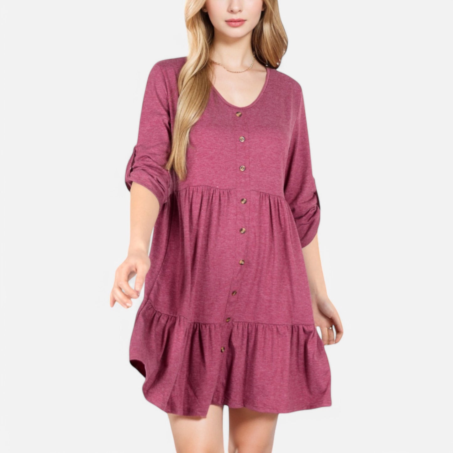 Anna-Kaci Women's V-Neck Button-Front Babydoll Dress with 3/4 Sleeves and Tiered Ruffle Hem