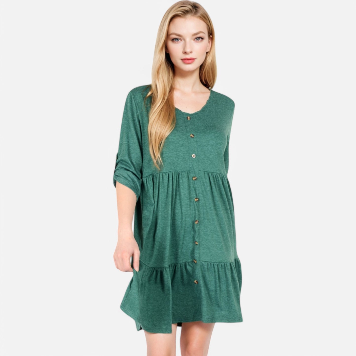Anna-Kaci Women's V-Neck Button-Front Babydoll Dress with 3/4 Sleeves and Tiered Ruffle Hem