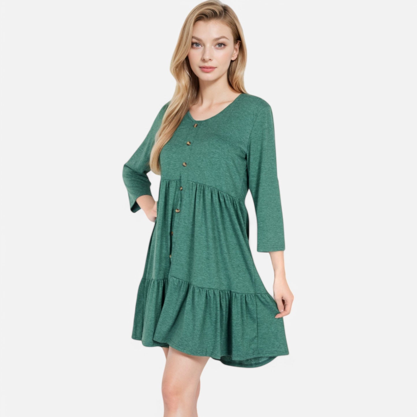Anna-Kaci Women's V-Neck Button-Front Babydoll Dress with 3/4 Sleeves and Tiered Ruffle Hem
