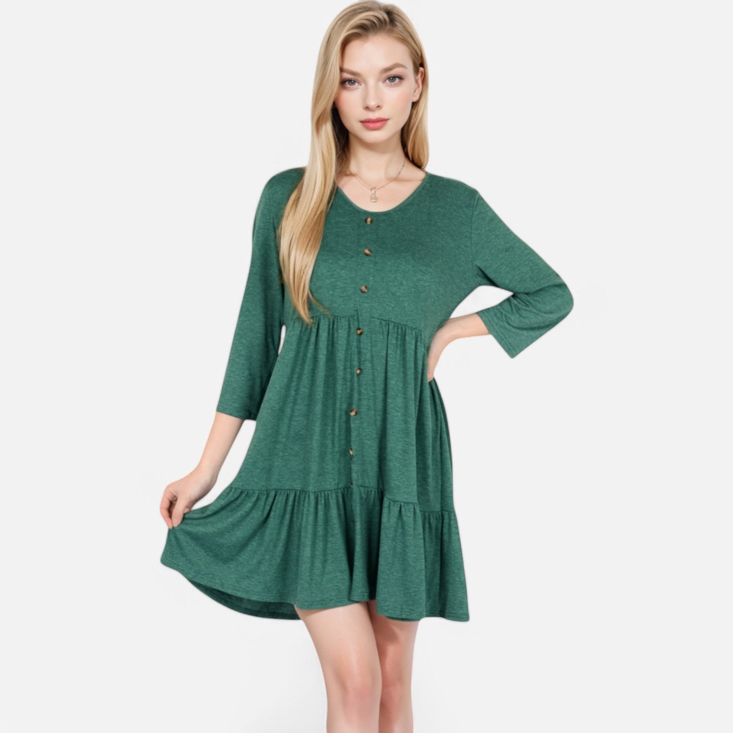 Anna-Kaci Women's V-Neck Button-Front Babydoll Dress with 3/4 Sleeves and Tiered Ruffle Hem