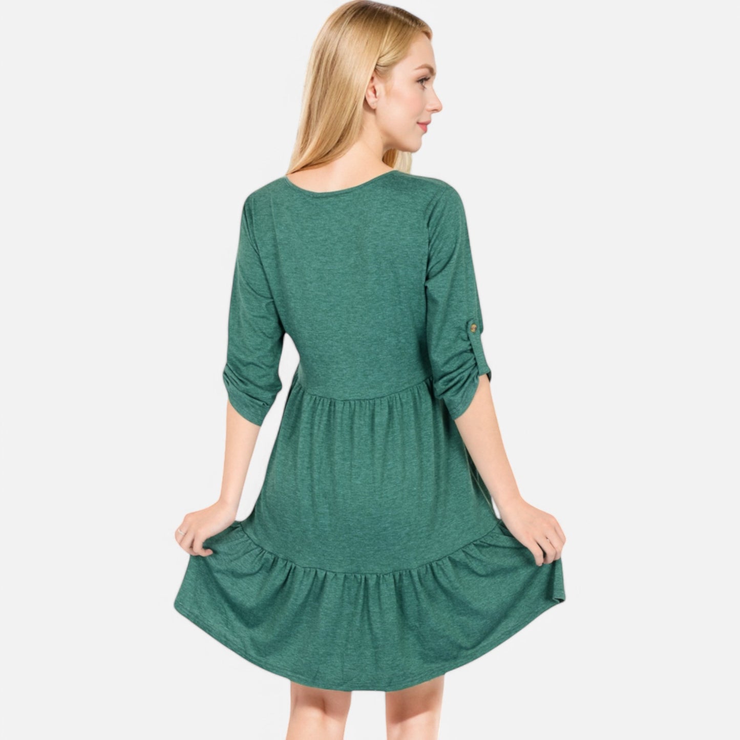 Anna-Kaci Women's V-Neck Button-Front Babydoll Dress with 3/4 Sleeves and Tiered Ruffle Hem