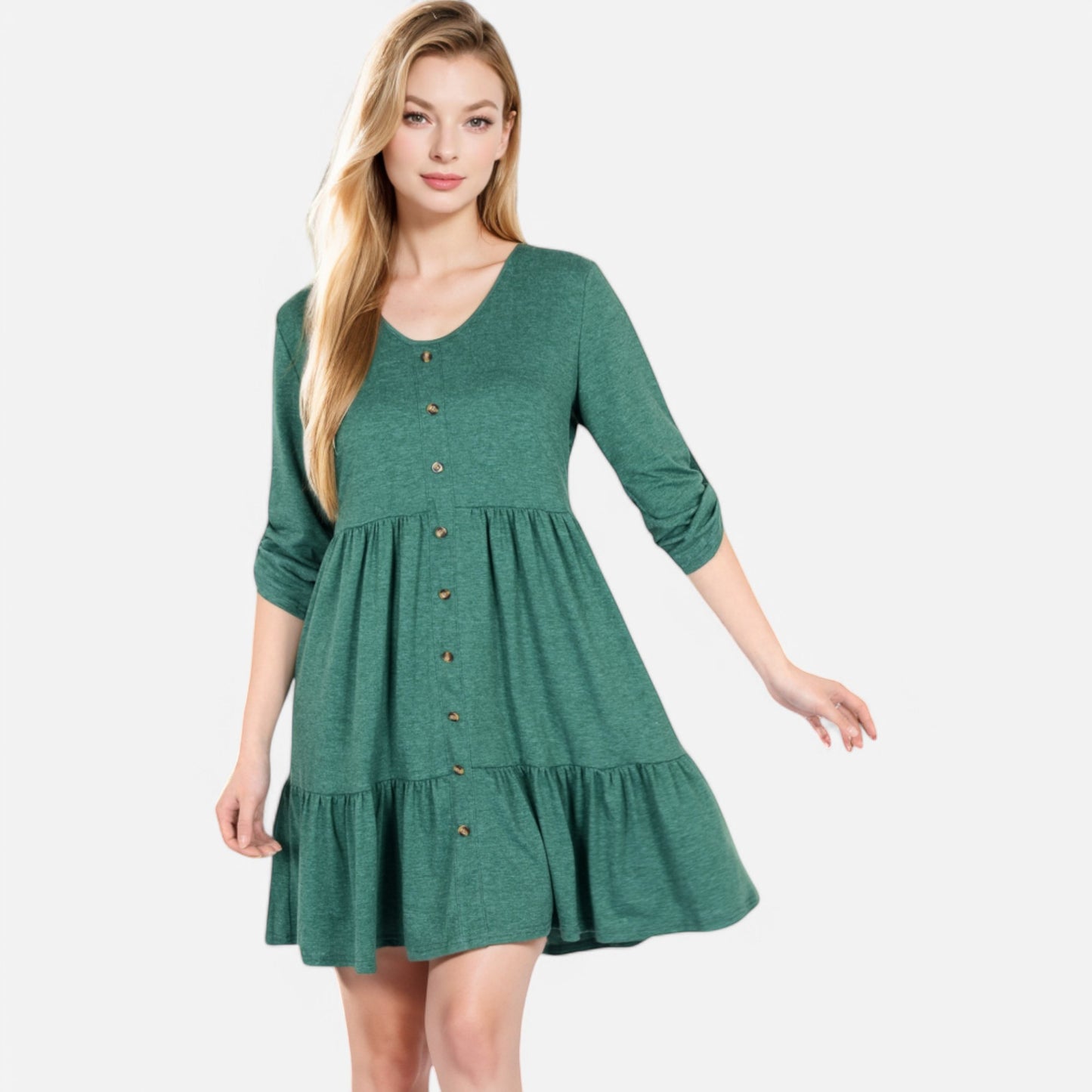 Anna-Kaci Women's V-Neck Button-Front Babydoll Dress with 3/4 Sleeves and Tiered Ruffle Hem