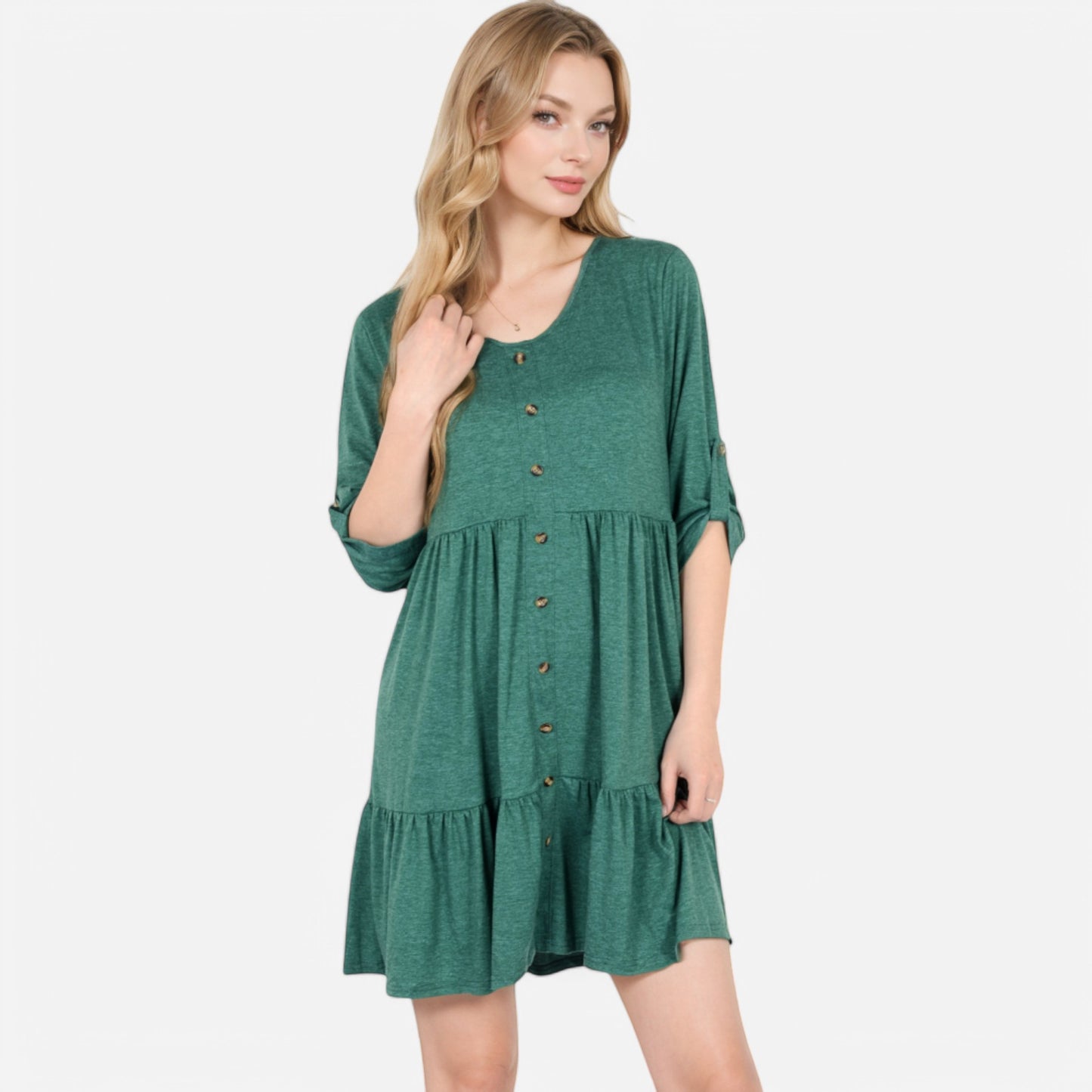 Anna-Kaci Women's V-Neck Button-Front Babydoll Dress with 3/4 Sleeves and Tiered Ruffle Hem
