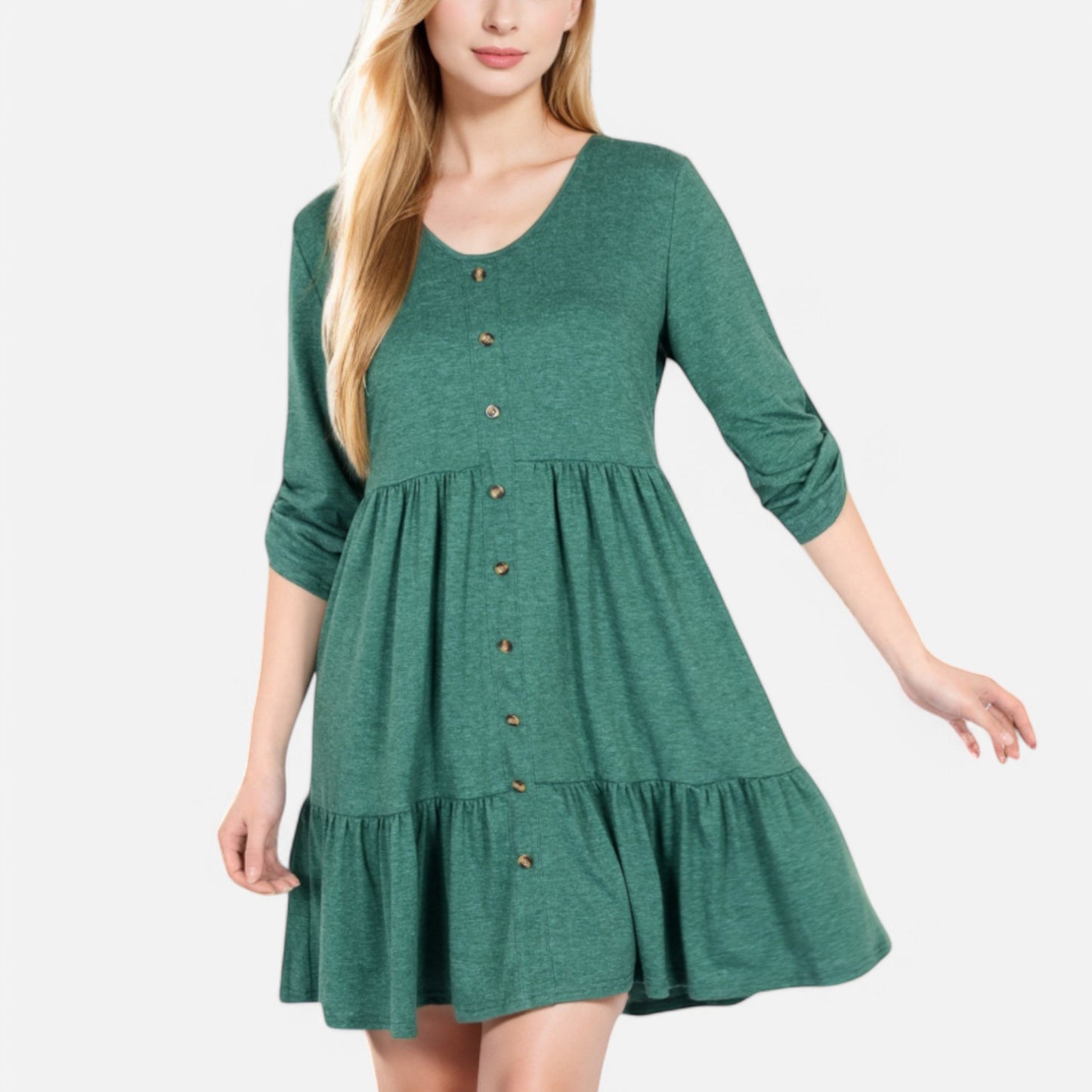 Anna-Kaci Women's V-Neck Button-Front Babydoll Dress with 3/4 Sleeves and Tiered Ruffle Hem