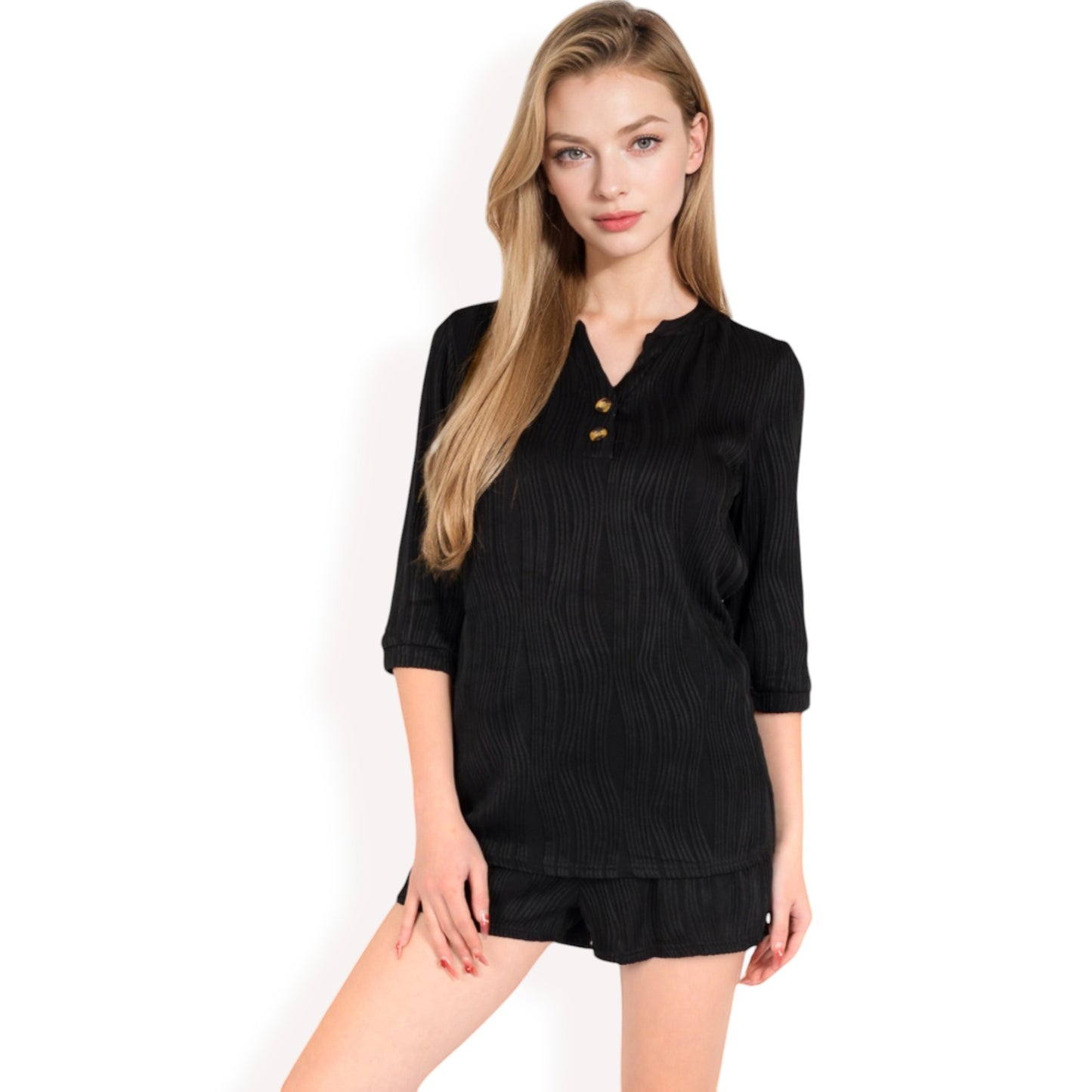 Anna-Kaci Women's Textured Two-Piece Set with Button-Up Blouse and Drawstring Shorts