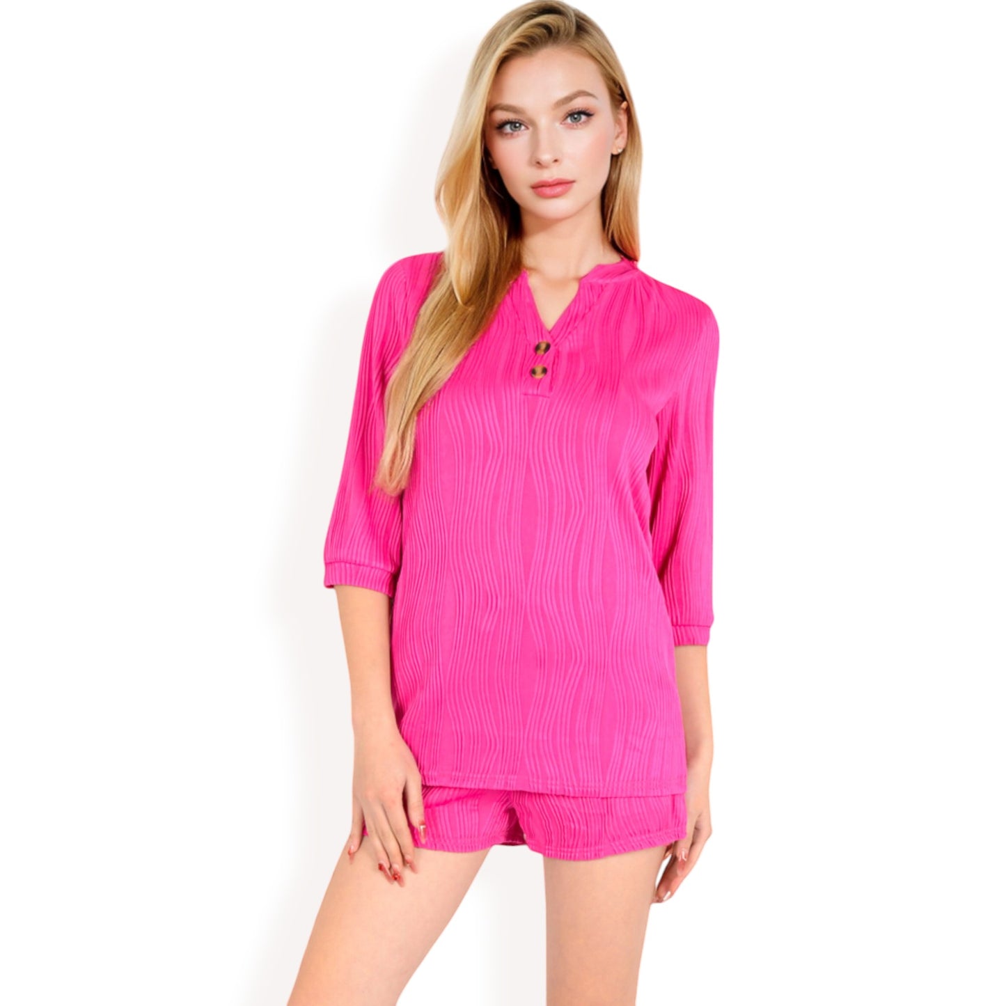 Anna-Kaci Women's Textured Two-Piece Set with Button-Up Blouse and Drawstring Shorts