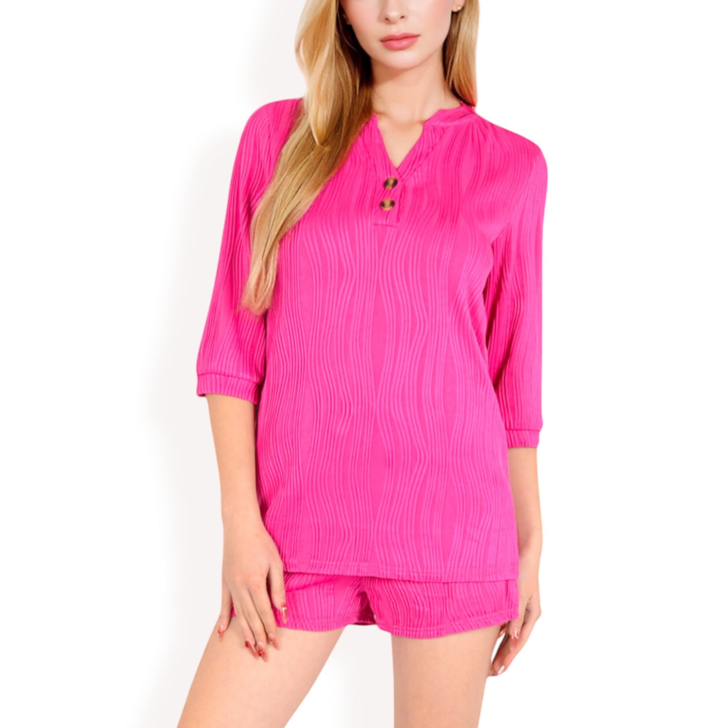Anna-Kaci Women's Textured Two-Piece Set with Button-Up Blouse and Drawstring Shorts