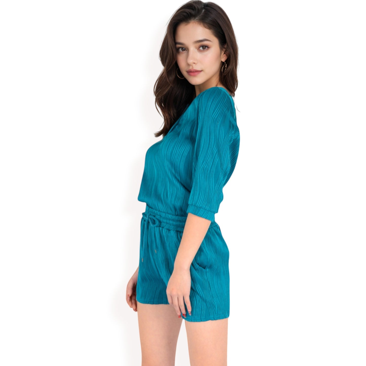 Anna-Kaci Women's Textured Two-Piece Set with Button-Up Blouse and Drawstring Shorts