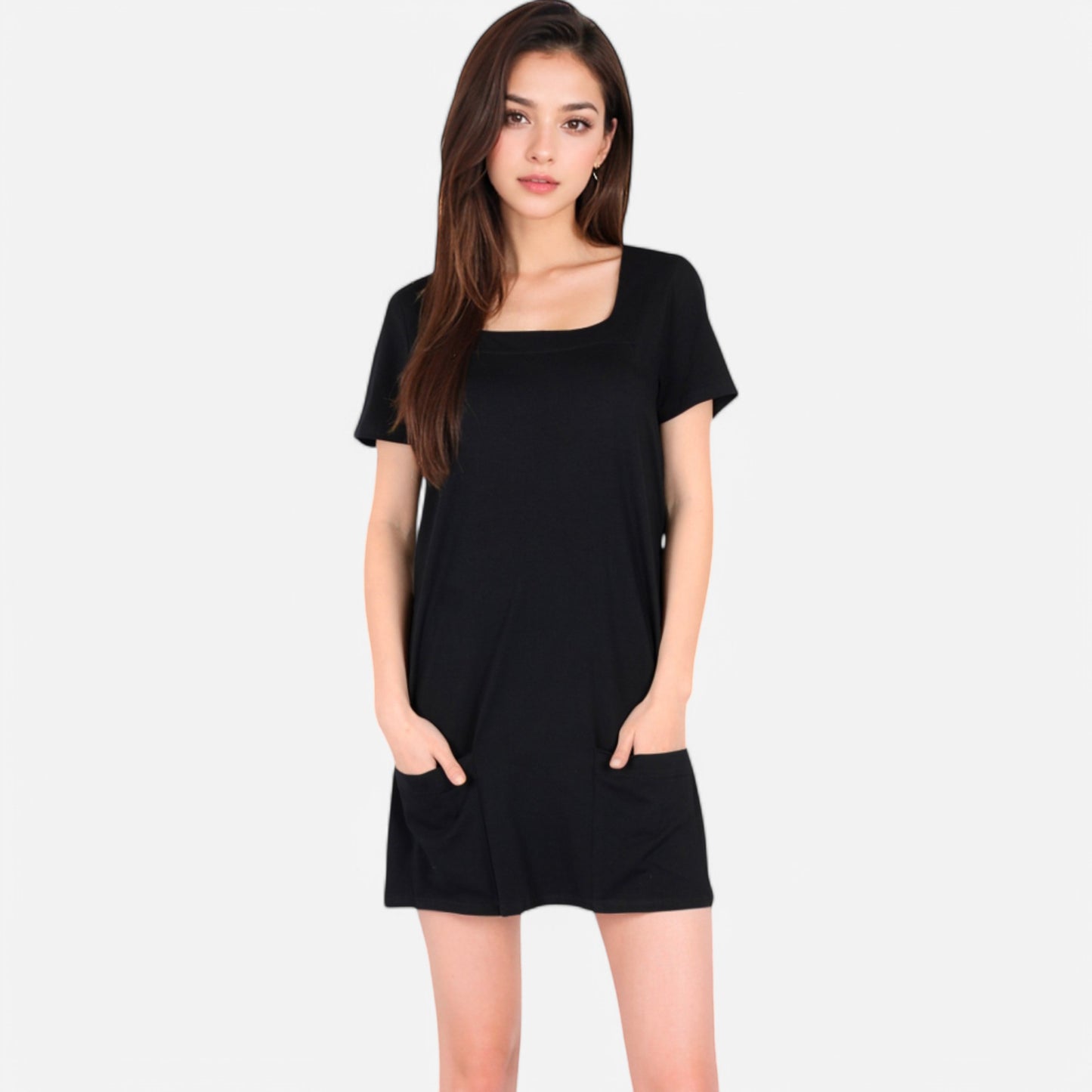Anna-Kaci Women's Square Neck Short Sleeve Shift Dress with Front Pockets