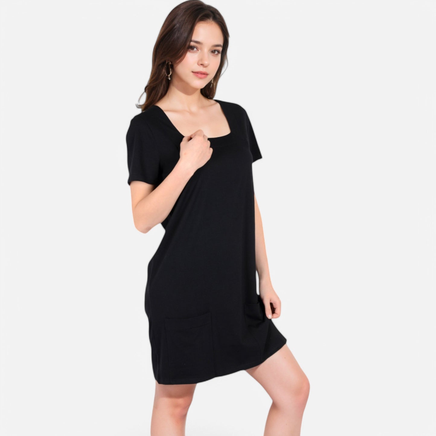 Anna-Kaci Women's Square Neck Short Sleeve Shift Dress with Front Pockets