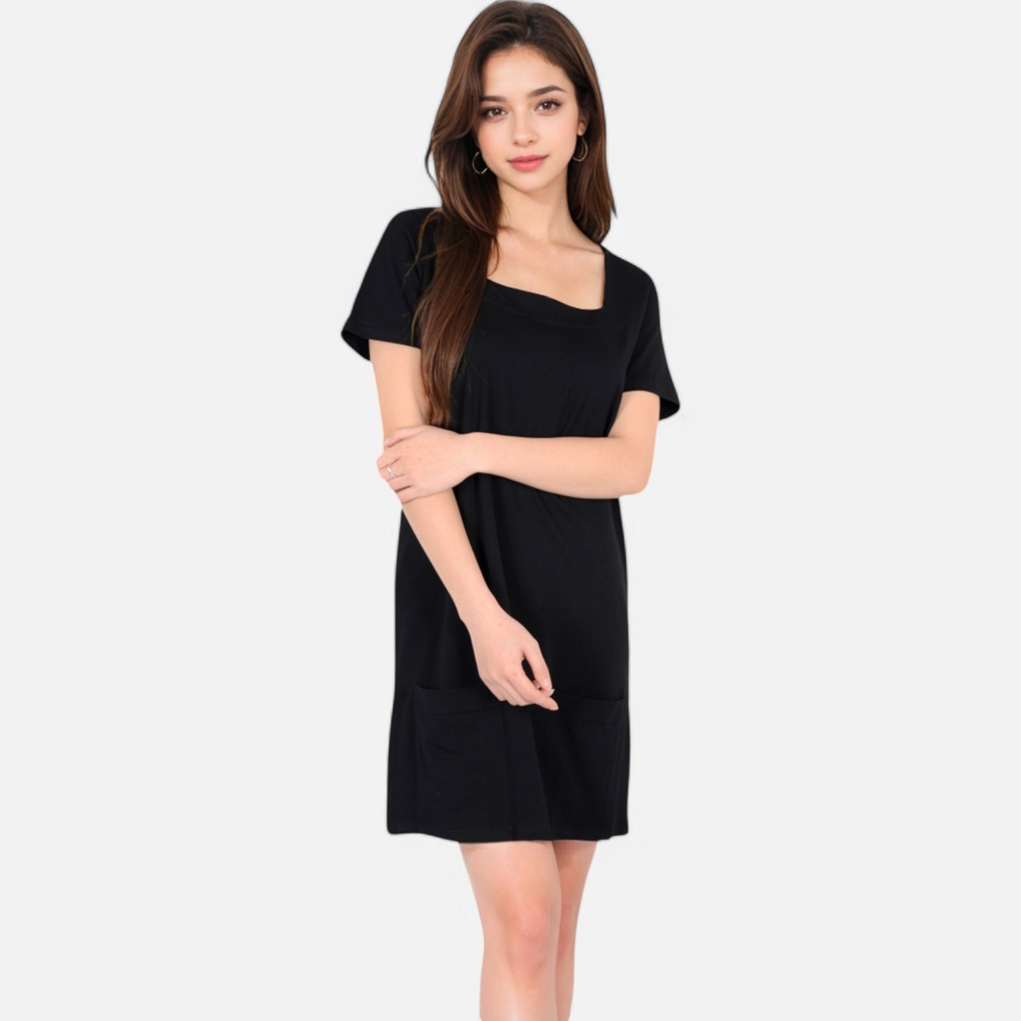 Anna-Kaci Women's Square Neck Short Sleeve Shift Dress with Front Pockets