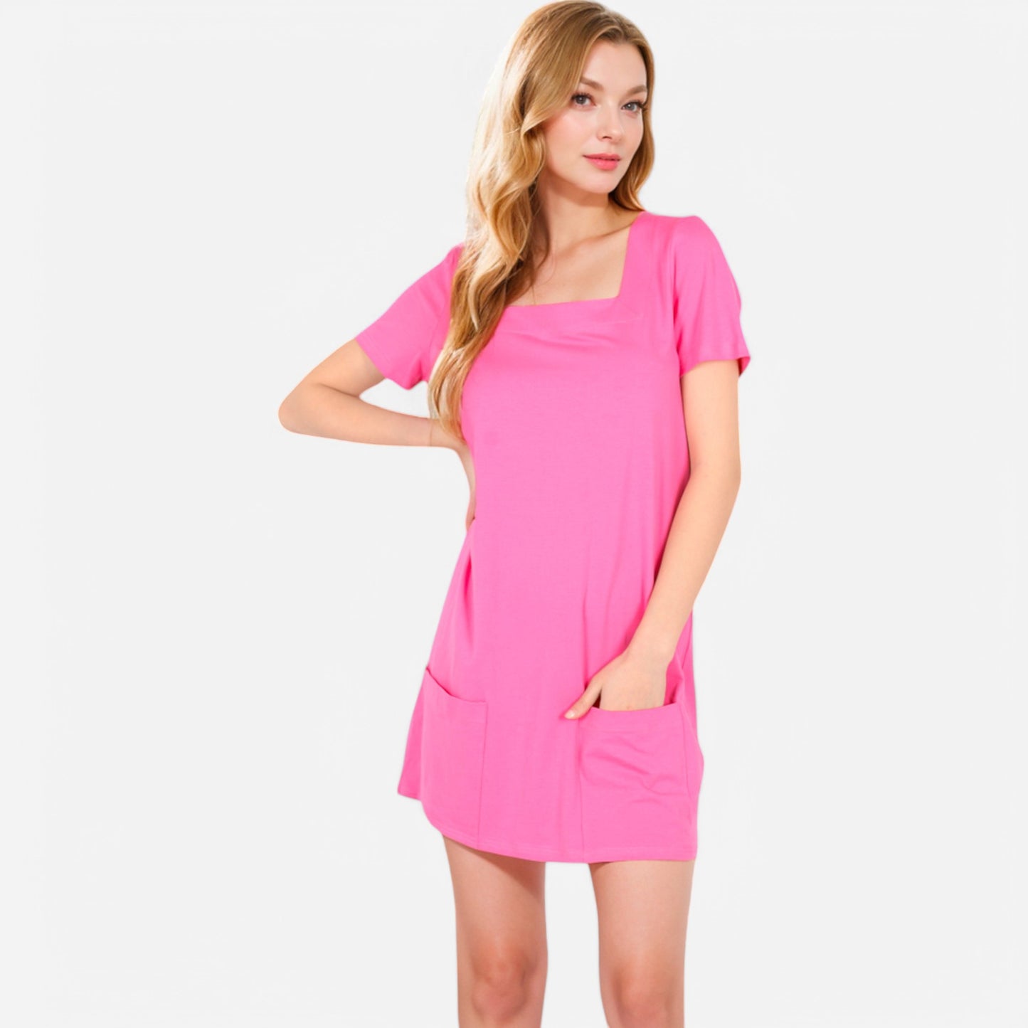 Anna-Kaci Women's Square Neck Short Sleeve Shift Dress with Front Pockets