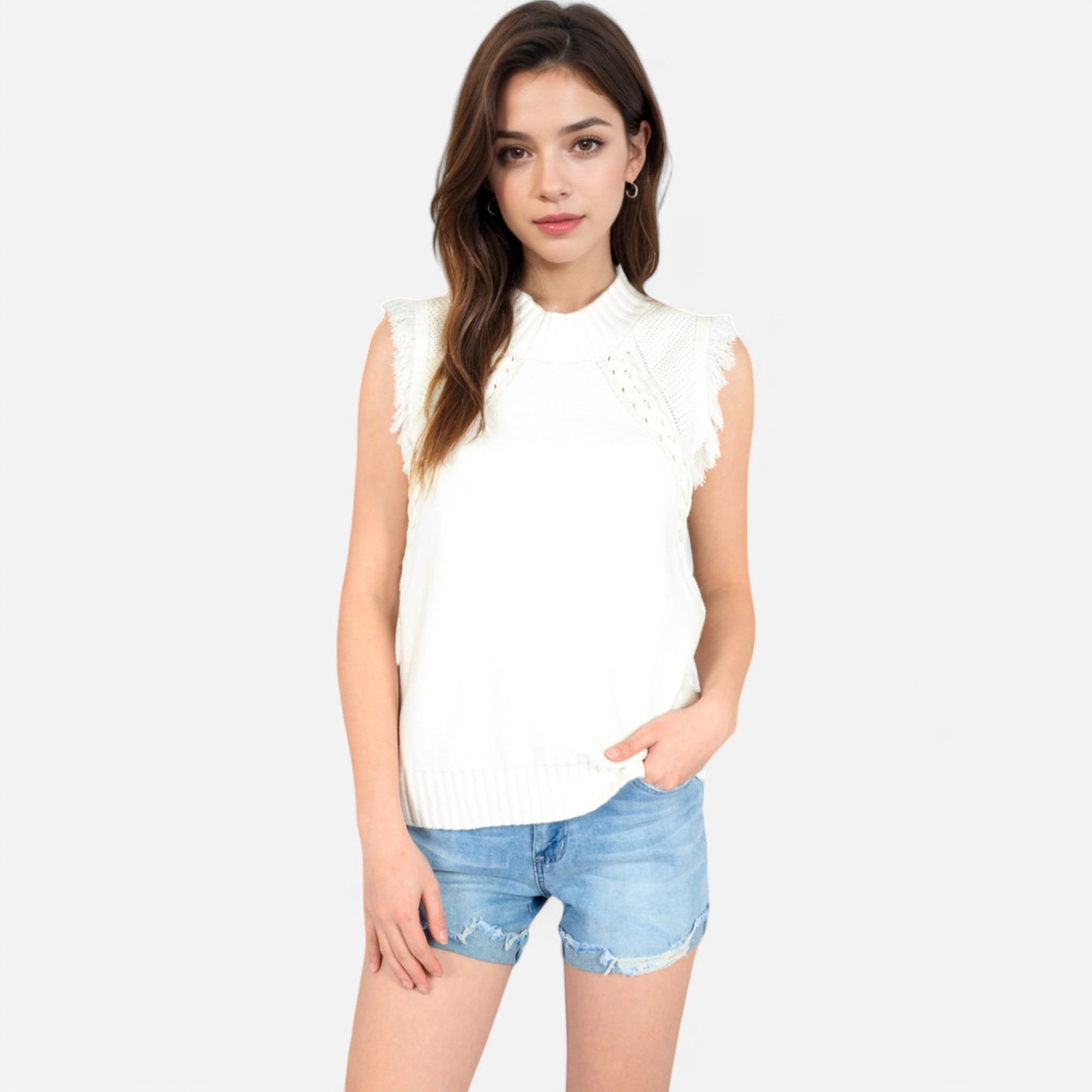 Anna-Kaci Women's Sleeveless Knit Sweater Top with Fringe Shoulder Detail