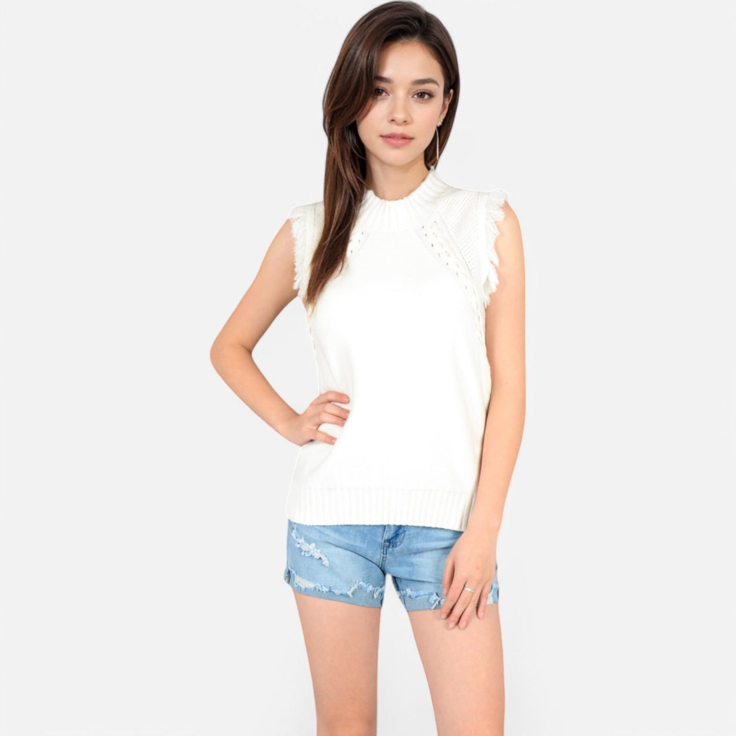 Anna-Kaci Women's Sleeveless Knit Sweater Top with Fringe Shoulder Detail