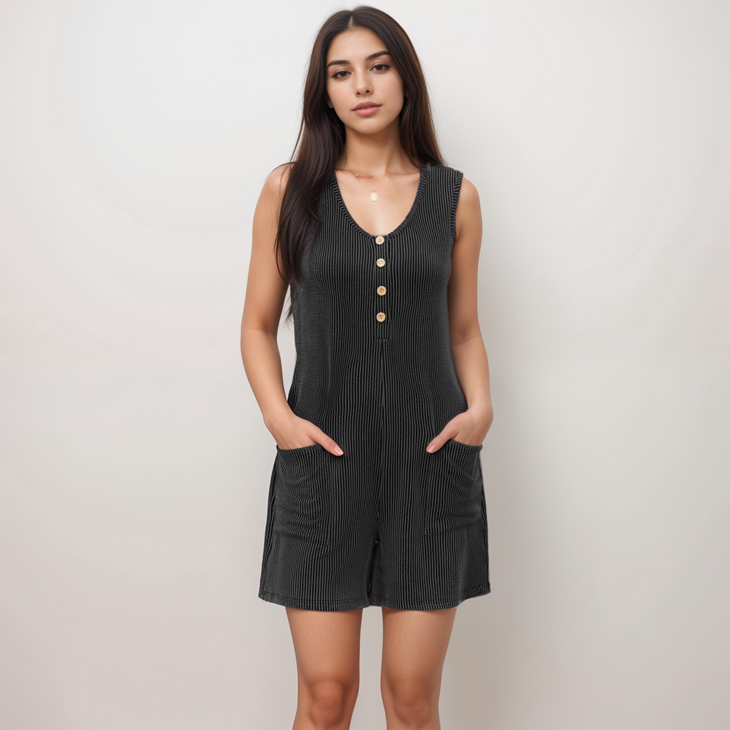 Anna-Kaci Women's Textured Knit Sleeveless Romper with Button Front Detail and Side Pockets