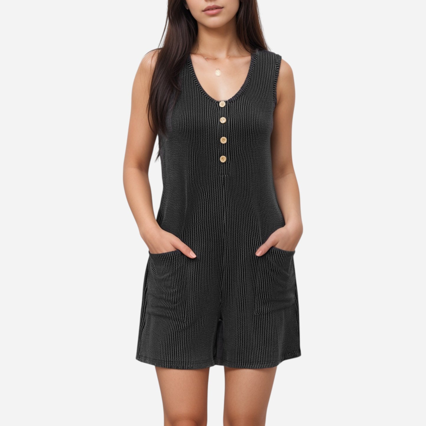 Anna-Kaci Women's Textured Knit Sleeveless Romper with Button Front Detail and Side Pockets