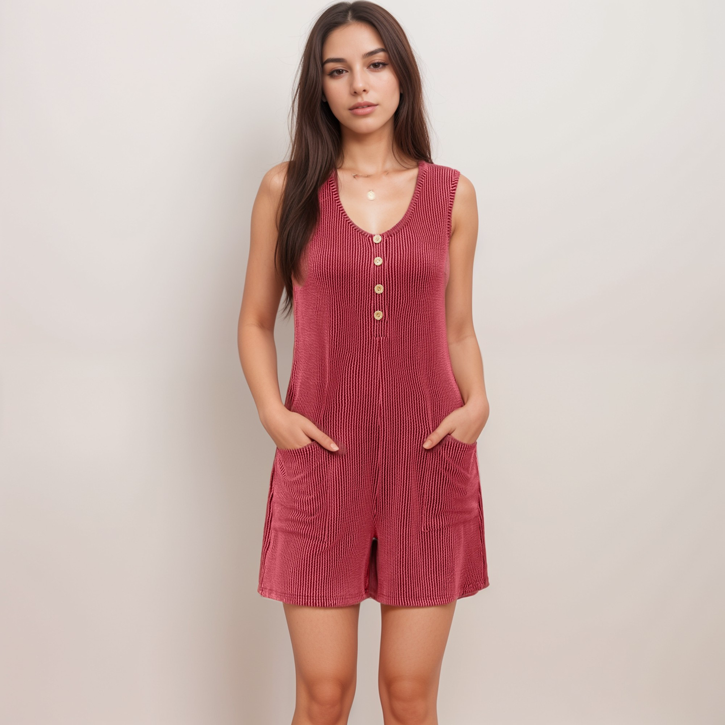 Anna-Kaci Women's Textured Knit Sleeveless Romper with Button Front Detail and Side Pockets