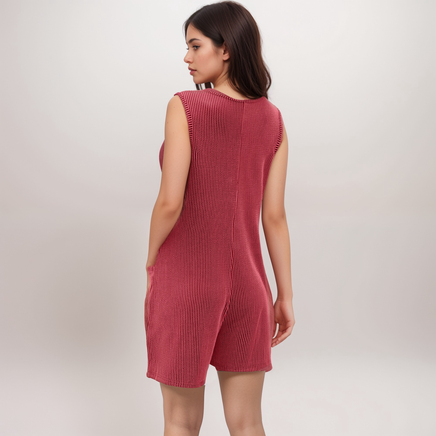 Anna-Kaci Women's Textured Knit Sleeveless Romper with Button Front Detail and Side Pockets