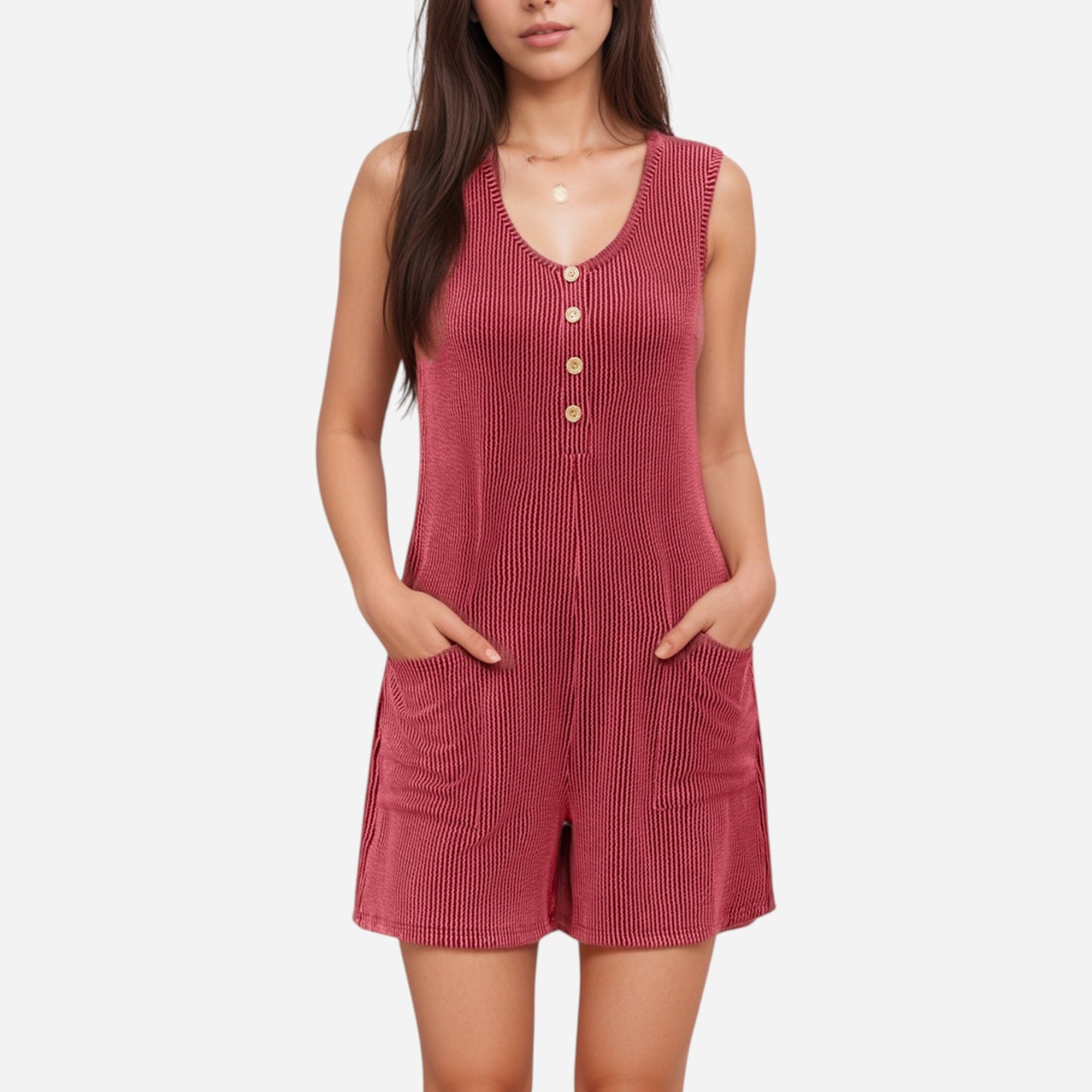Anna-Kaci Women's Textured Knit Sleeveless Romper with Button Front Detail and Side Pockets