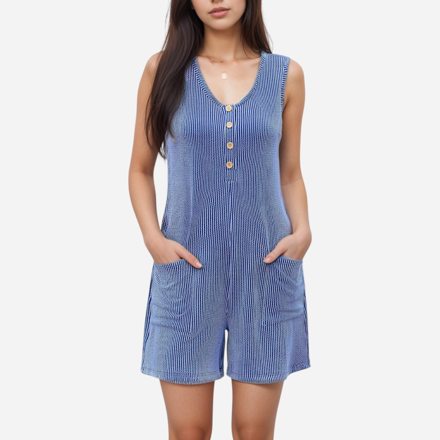 Anna-Kaci Women's Textured Knit Sleeveless Romper with Button Front Detail and Side Pockets