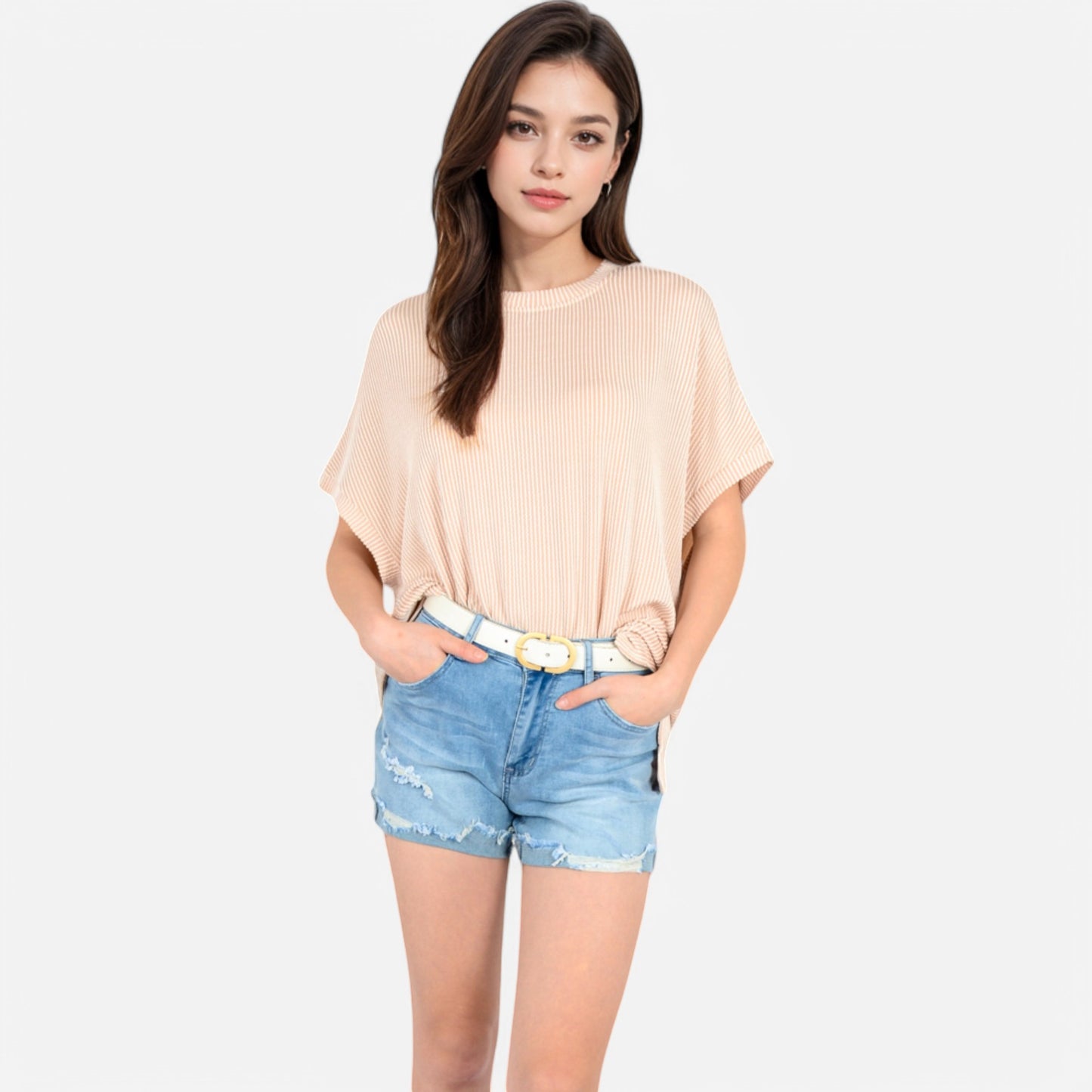 Anna-Kaci Women's Oversized Knit Pullover Top with Side Slits and Ribbed Texture