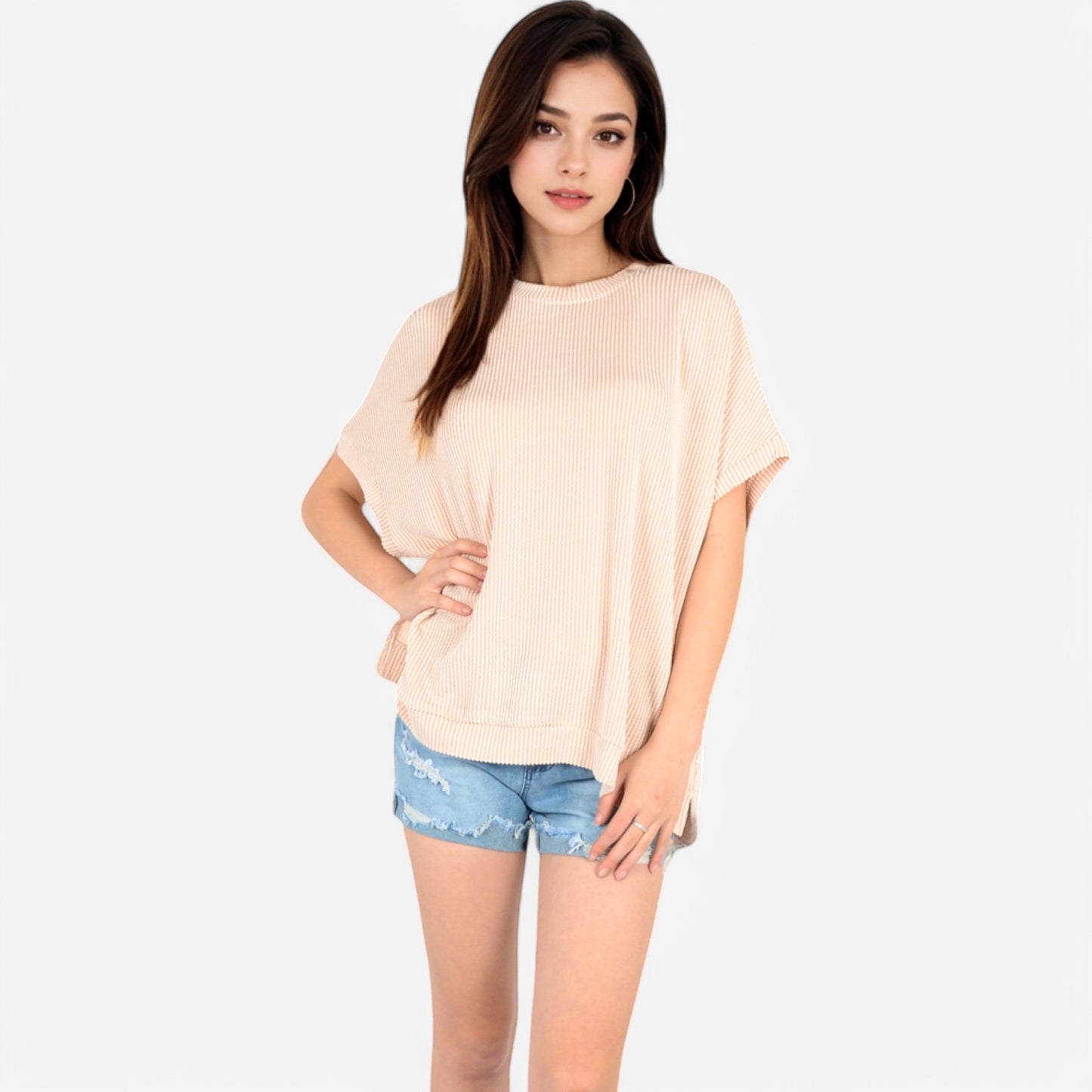Anna-Kaci Women's Oversized Knit Pullover Top with Side Slits and Ribbed Texture