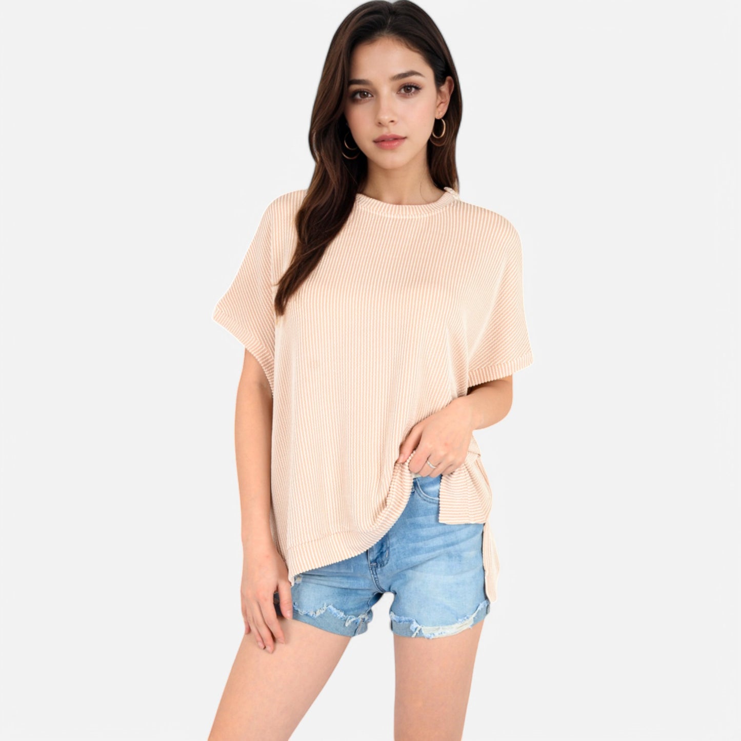 Anna-Kaci Women's Oversized Knit Pullover Top with Side Slits and Ribbed Texture