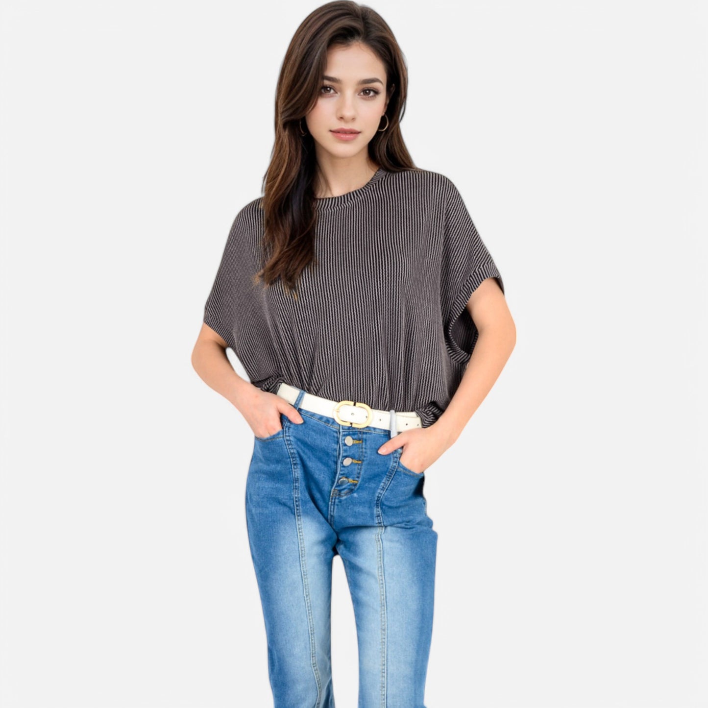 Anna-Kaci Women's Oversized Knit Pullover Top with Side Slits and Ribbed Texture