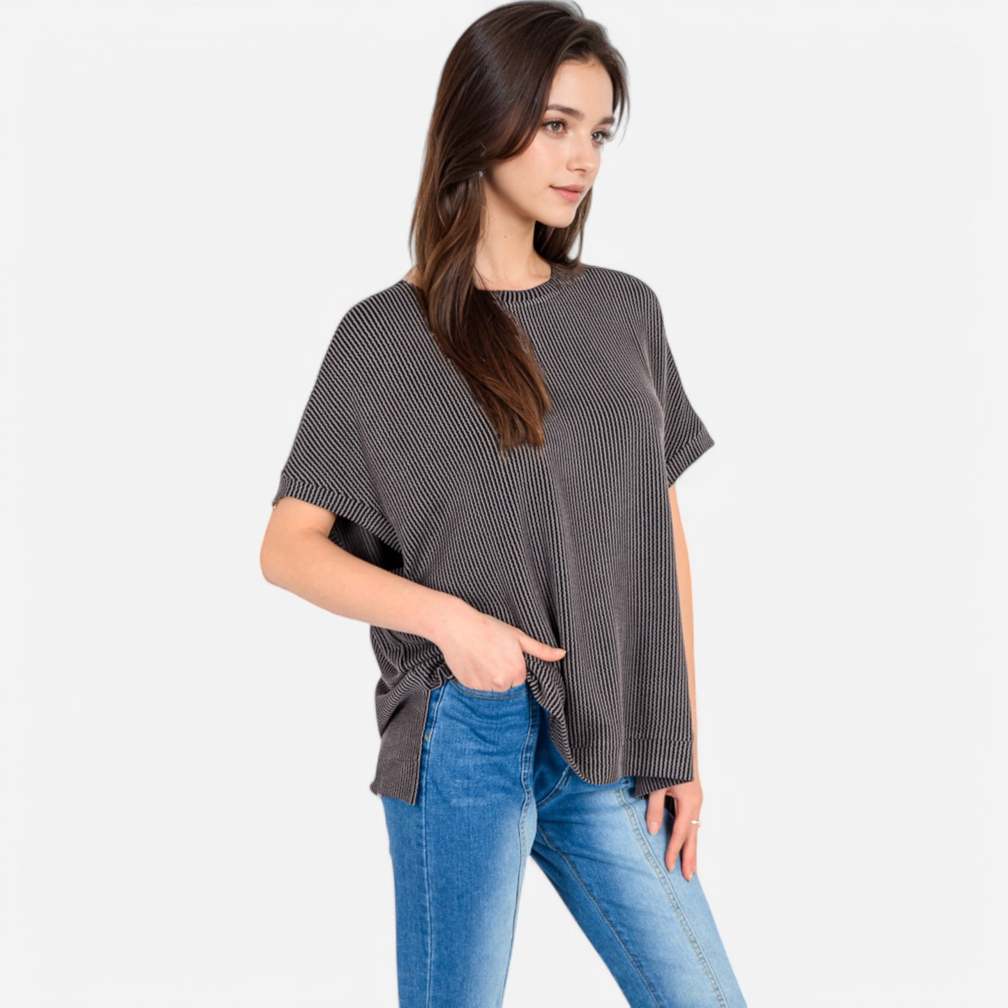 Anna-Kaci Women's Oversized Knit Pullover Top with Side Slits and Ribbed Texture