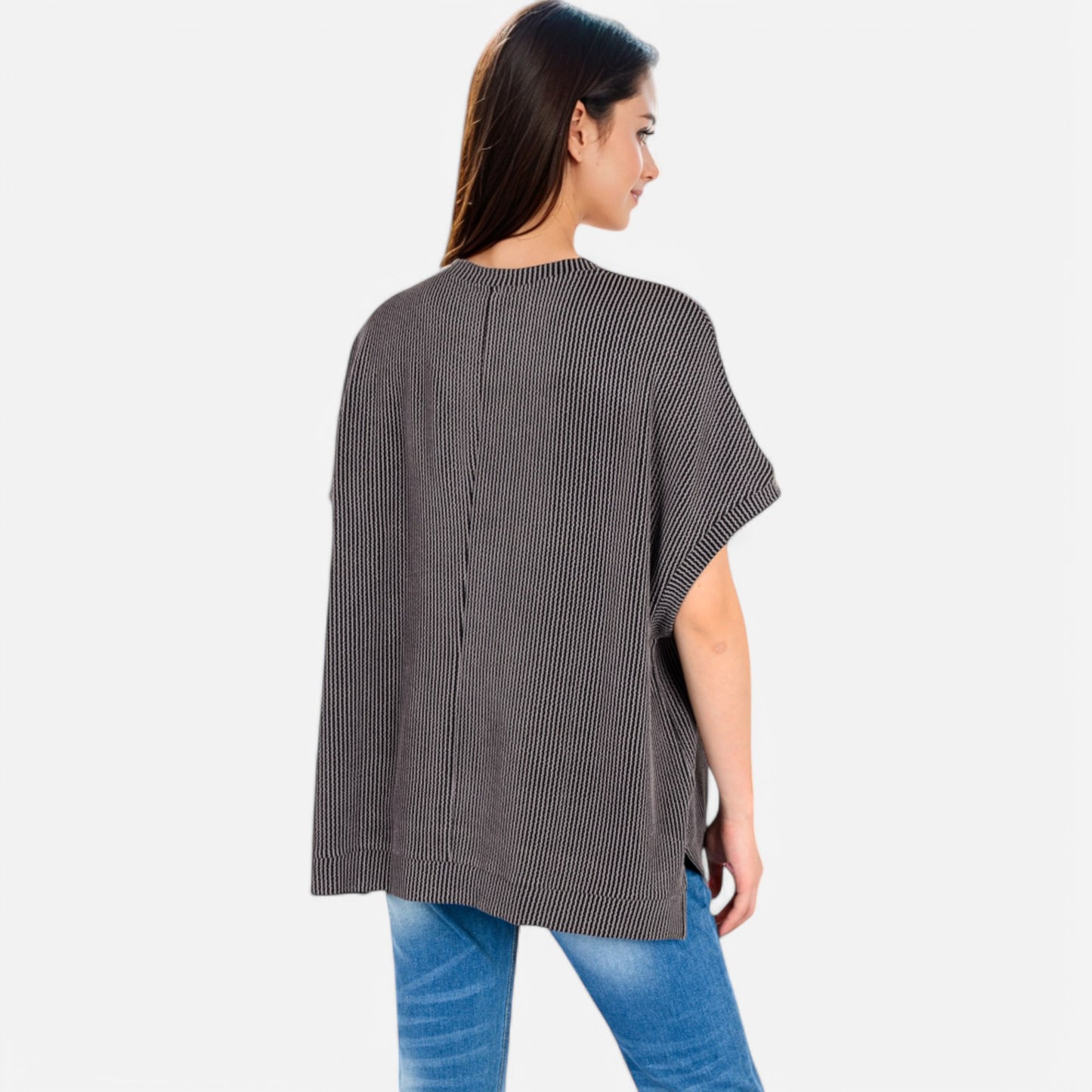 Anna-Kaci Women's Oversized Knit Pullover Top with Side Slits and Ribbed Texture