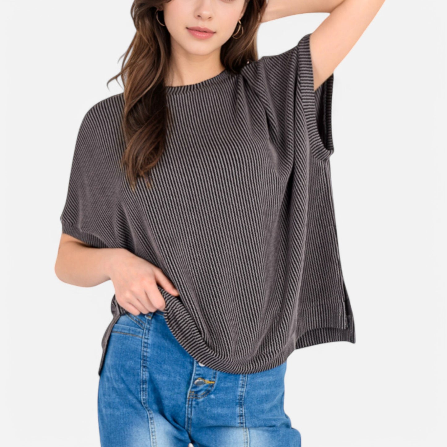 Anna-Kaci Women's Oversized Knit Pullover Top with Side Slits and Ribbed Texture