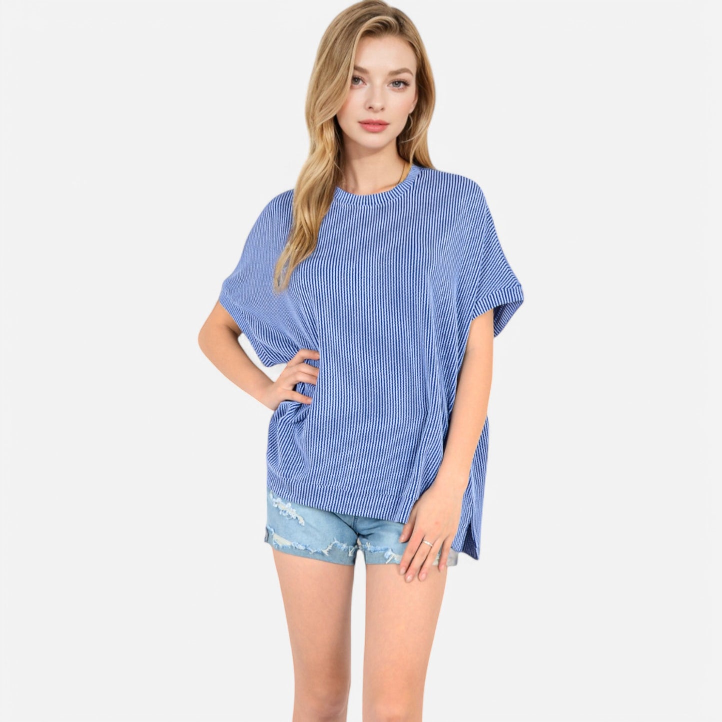 Anna-Kaci Women's Oversized Knit Pullover Top with Side Slits and Ribbed Texture