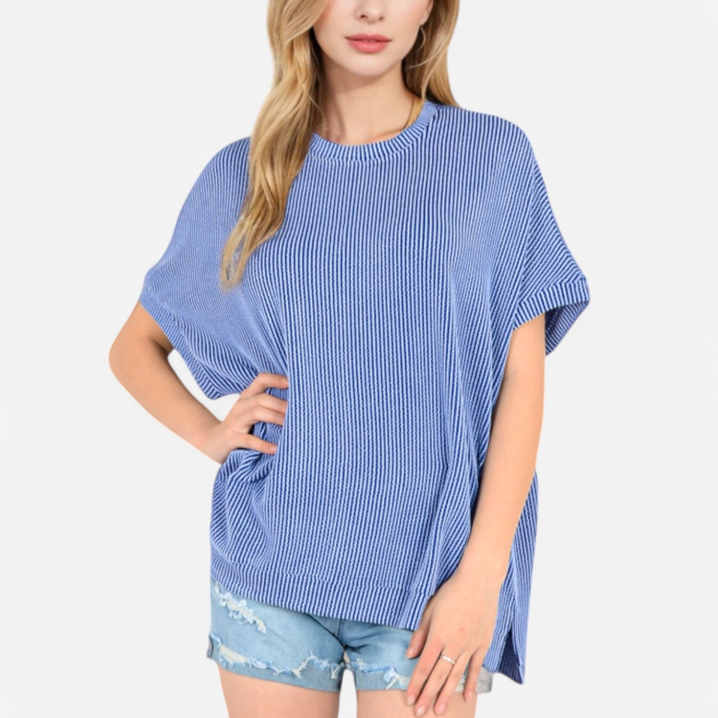 Anna-Kaci Women's Oversized Knit Pullover Top with Side Slits and Ribbed Texture