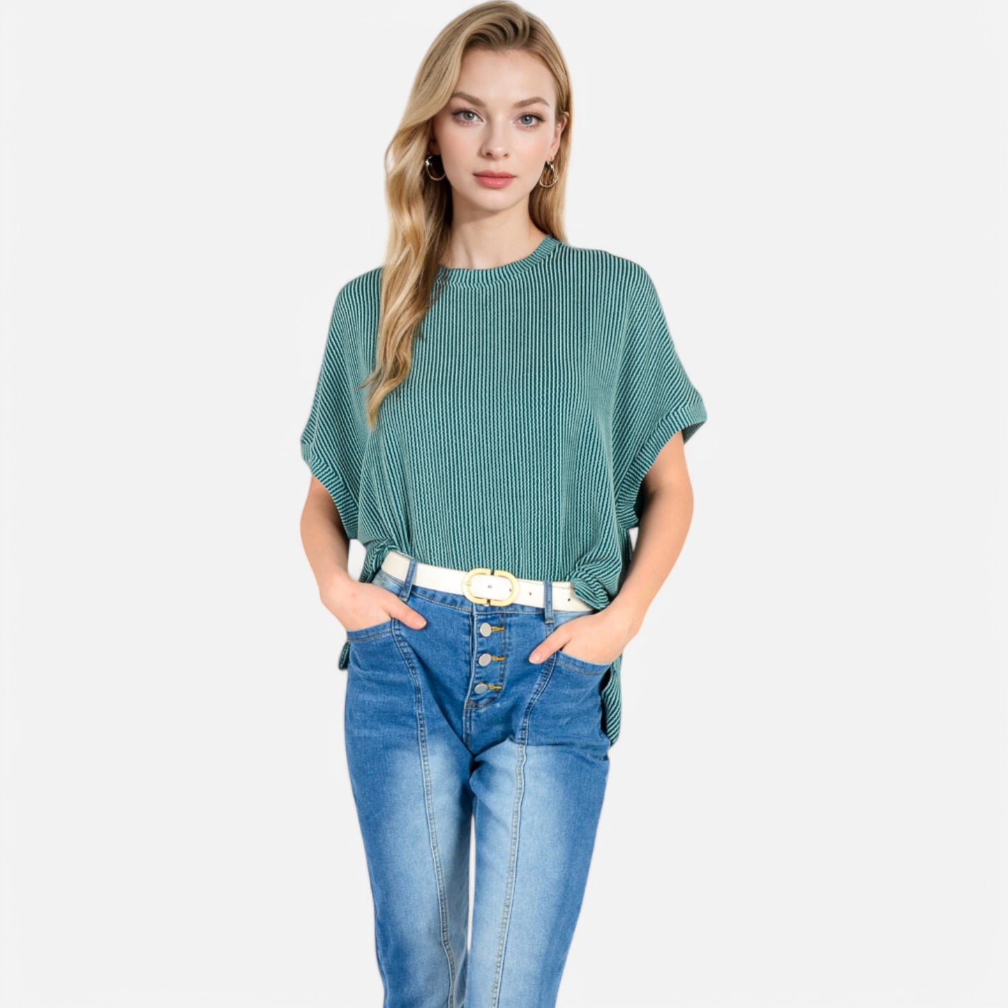 Anna-Kaci Women's Oversized Knit Pullover Top with Side Slits and Ribbed Texture